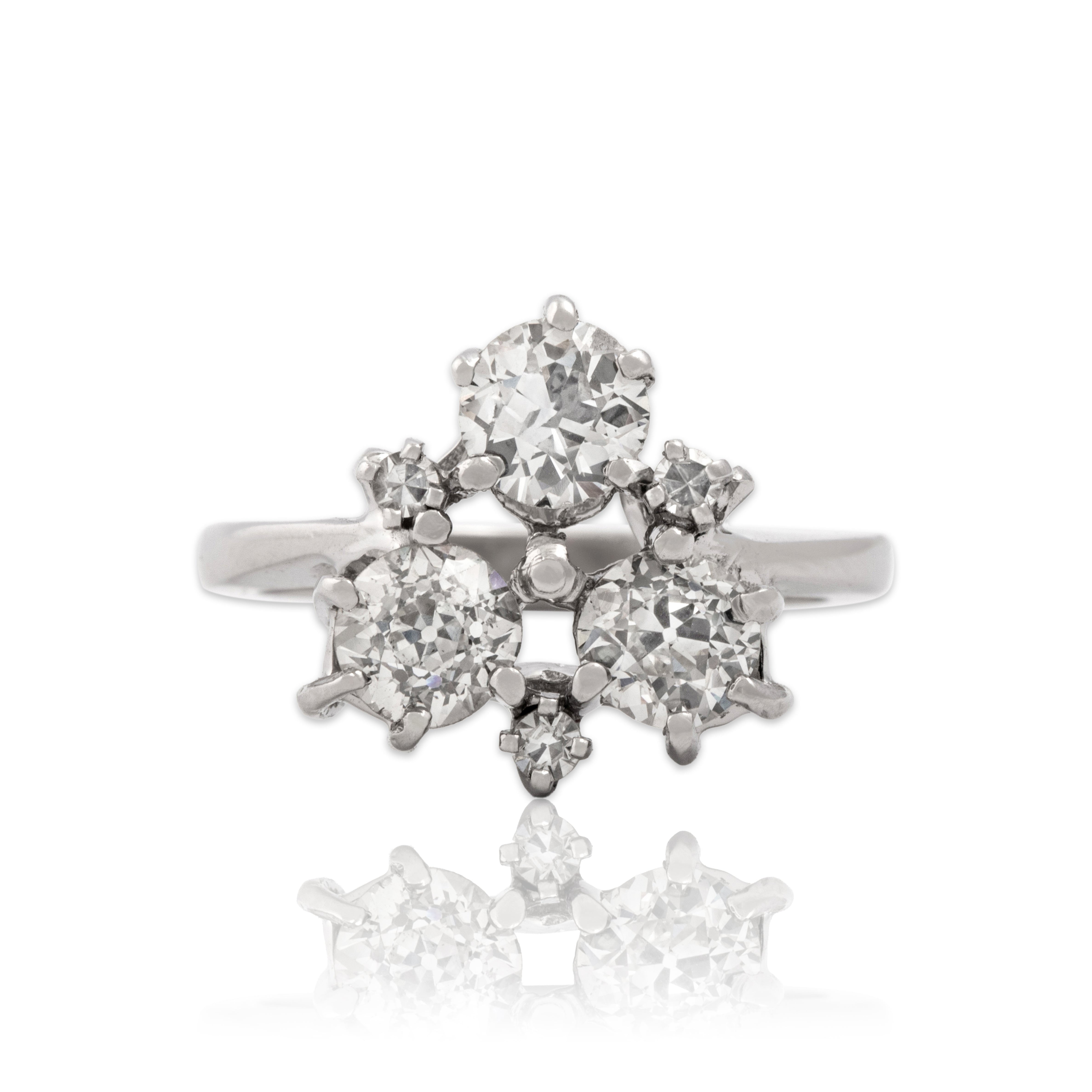 Vintage 14k White Gold 1.52cttw Old Mine Diamond Dazzling Clover Ring - Close-up view
