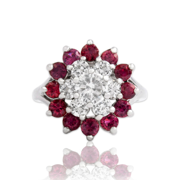 Vintage 14k White Gold 1.3cttw Diamond 1.02cttw Ruby Stellar Tower Ring 6.50