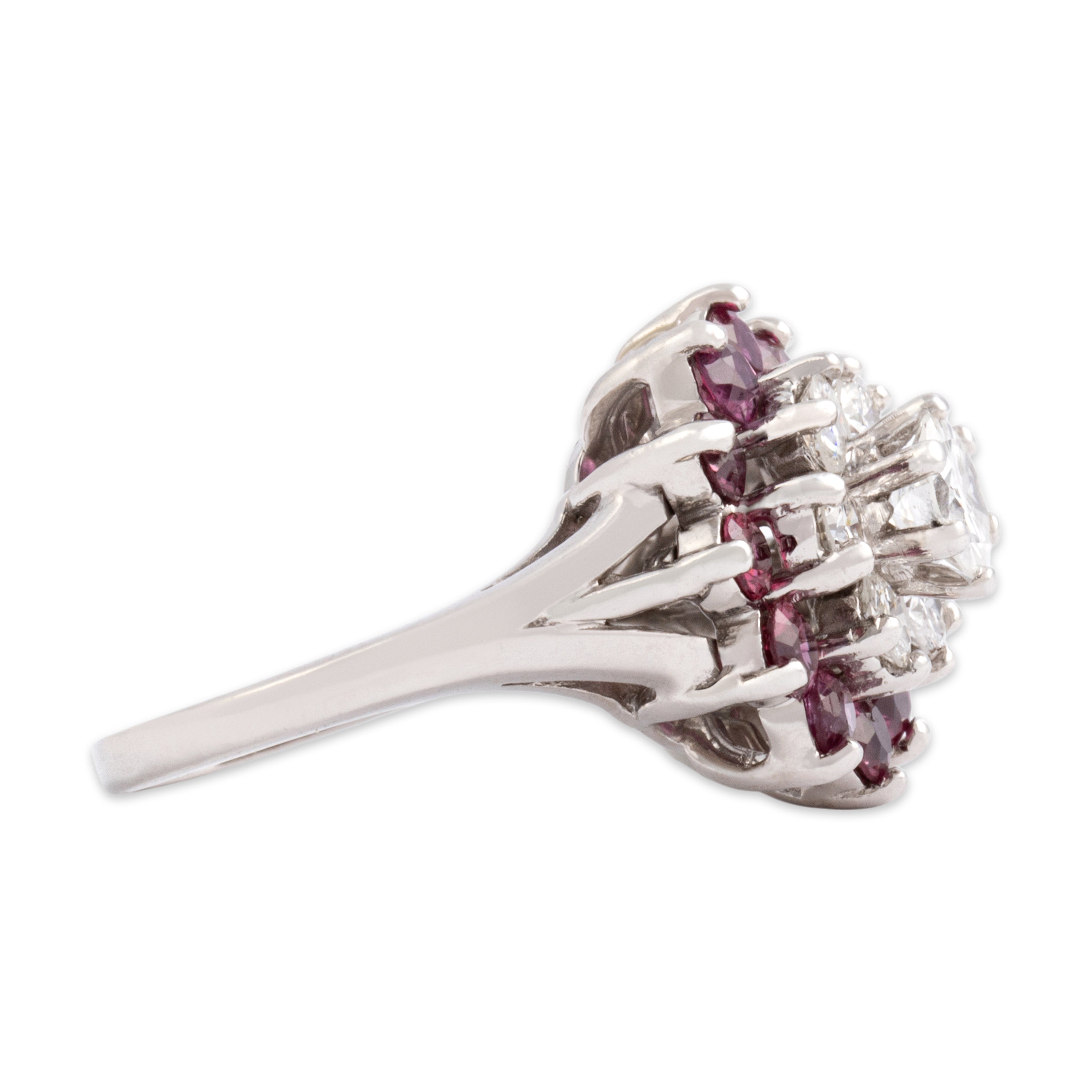 Vintage 14k White Gold 1.3cttw Diamond 1.02cttw Ruby Incredible Sparkling Floriform Tower Ring - Side view