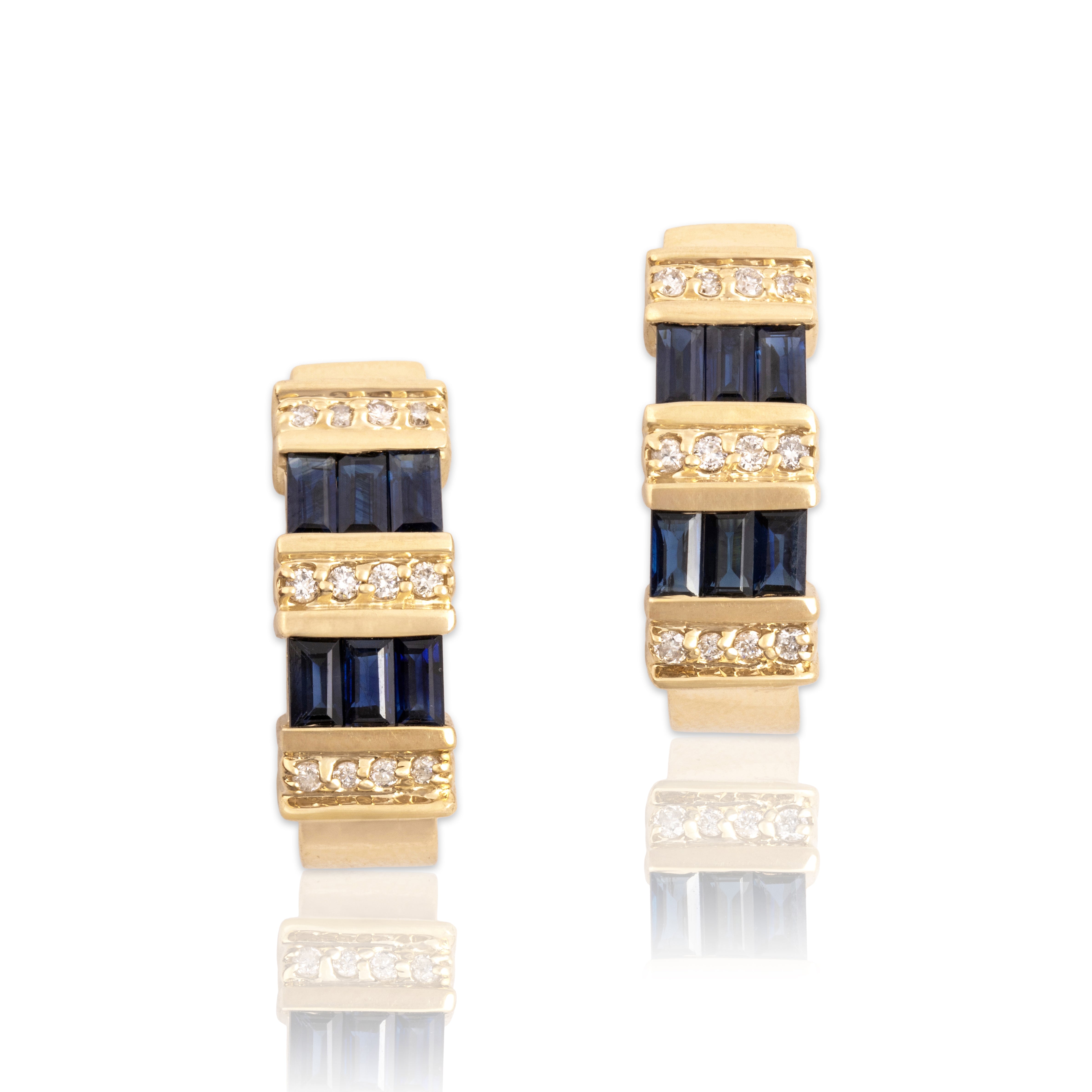 Vintage 14k Yellow Gold 1.67cttw Blue Sapphire Diamond Incredible Half-Hoop Earrings - Close-up view