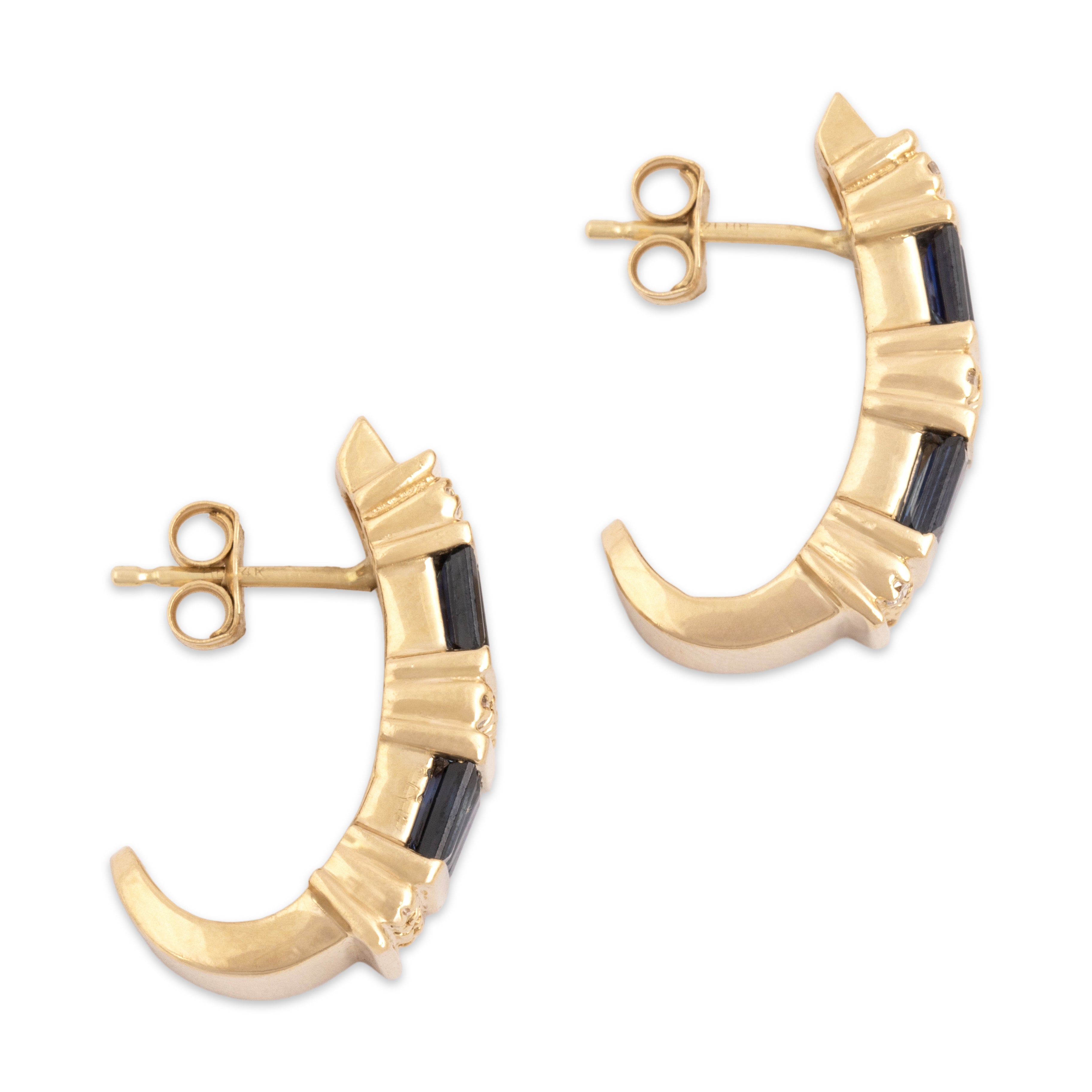 Vintage 14k Yellow Gold 1.67cttw Blue Sapphire Diamond Incredible Half-Hoop Earrings - Side view