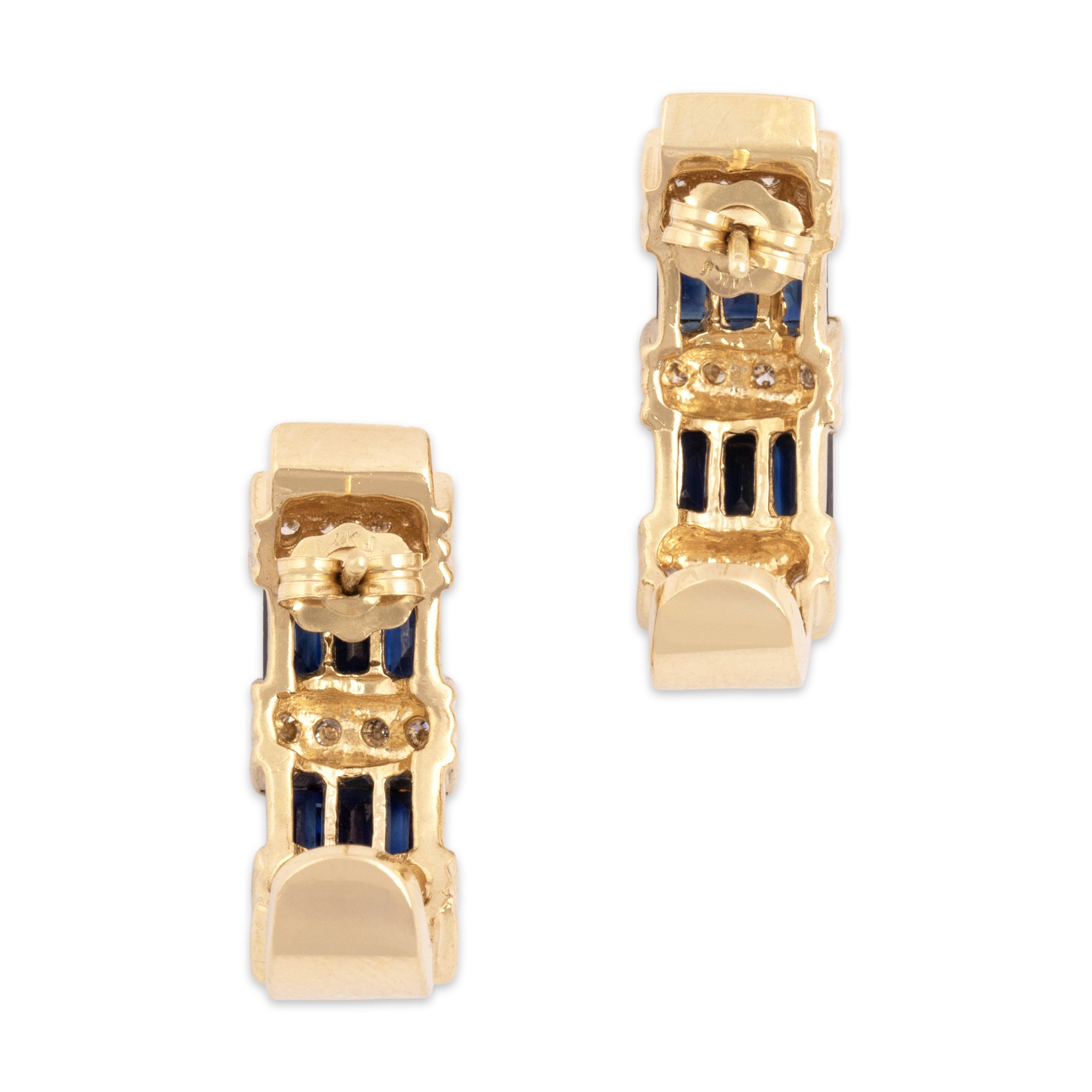 Vintage 14k Yellow Gold 1.67cttw Blue Sapphire Diamond Incredible Half-Hoop Earrings - Back view