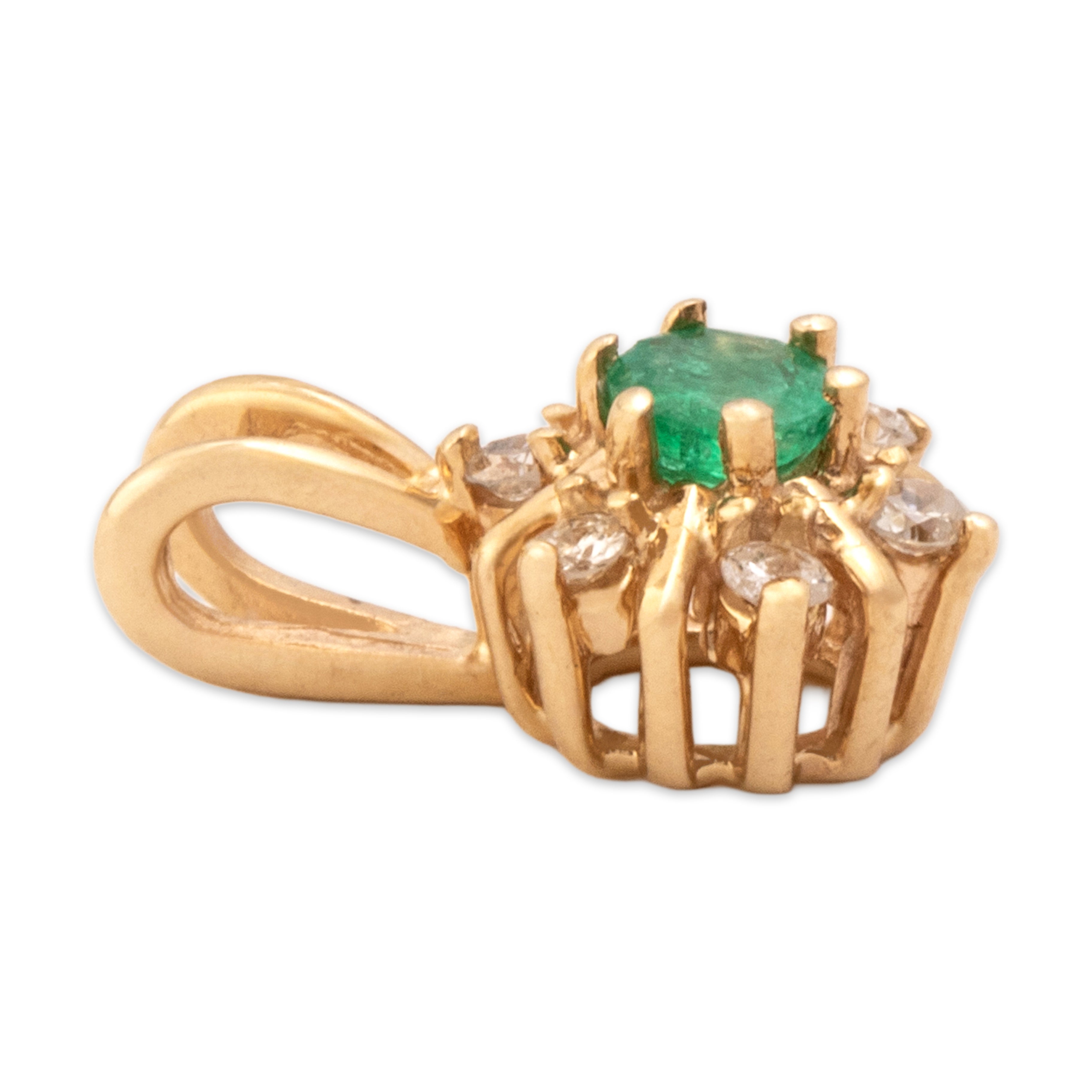 Vintage Small 14k Yellow Gold Emerald Diamond Starburst Halo Pendant - Side view