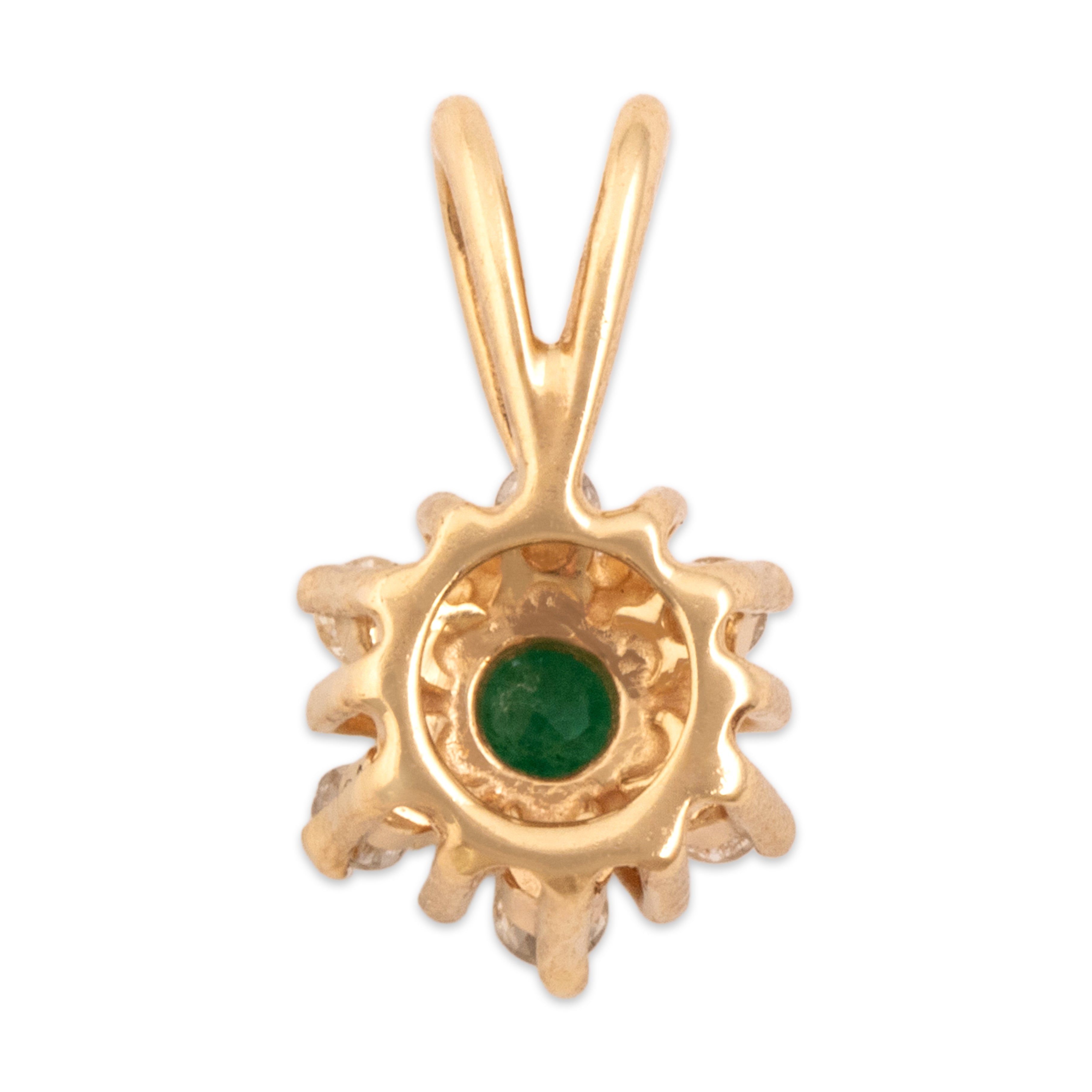 Vintage Small 14k Yellow Gold Emerald Diamond Starburst Halo Pendant - Back view