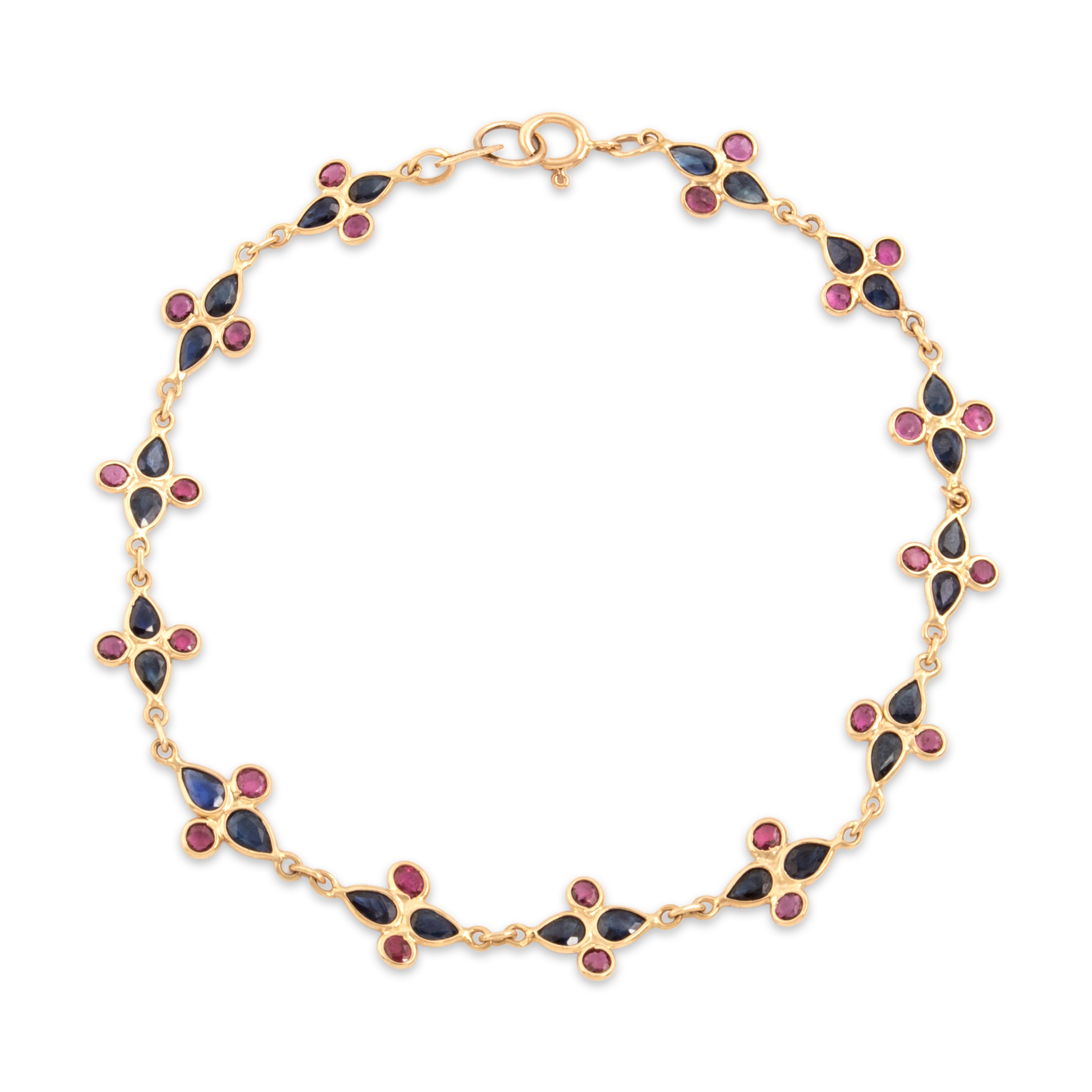 Vintage 14k Yellow Gold 1.62cttw Blue Sapphire .95cttw Ruby Playful Vibrant Quatrefoil Bracelet - Overall view