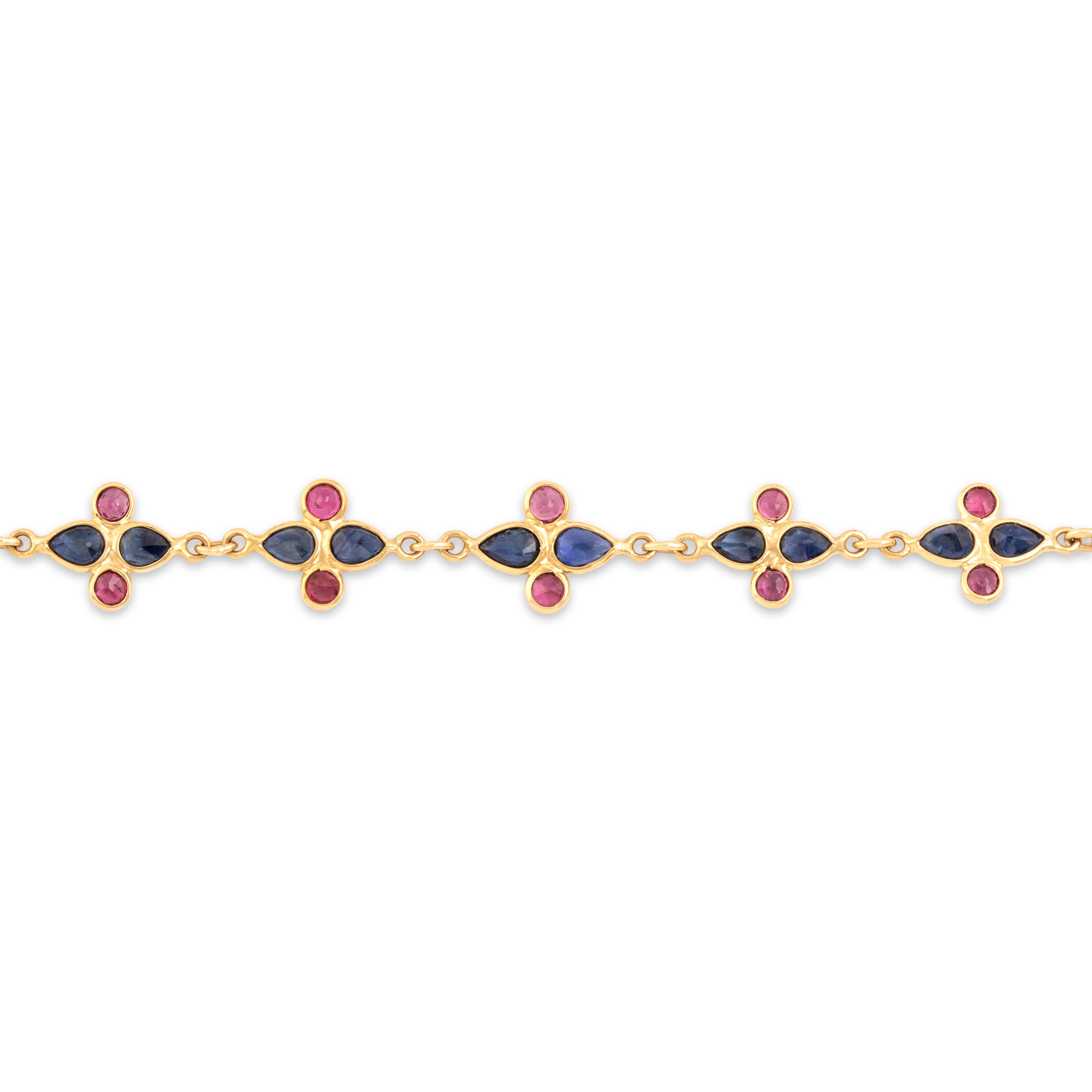 Vintage 14k Yellow Gold 1.62cttw Blue Sapphire .95cttw Ruby Playful Vibrant Quatrefoil Bracelet - Close-up view