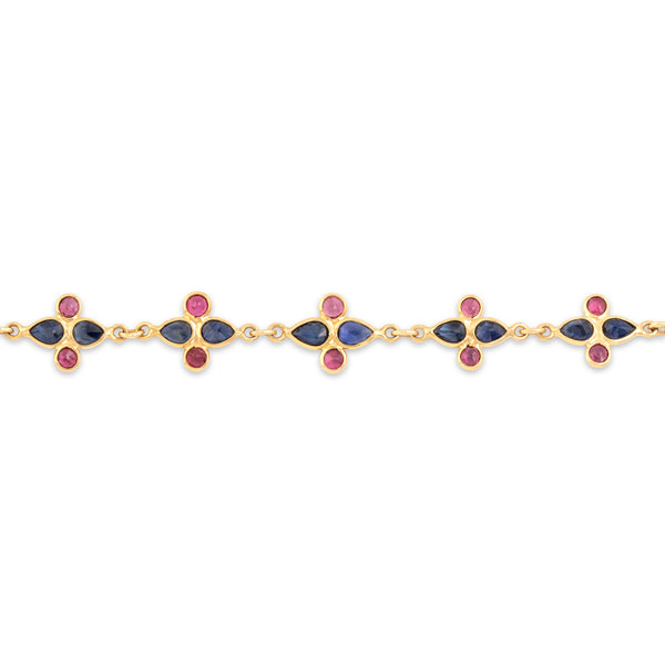 Vintage 14k Yellow Gold 1.62cttw Blue Sapphire .95cttw Ruby Playful Vibrant Quatrefoil Bracelet 7