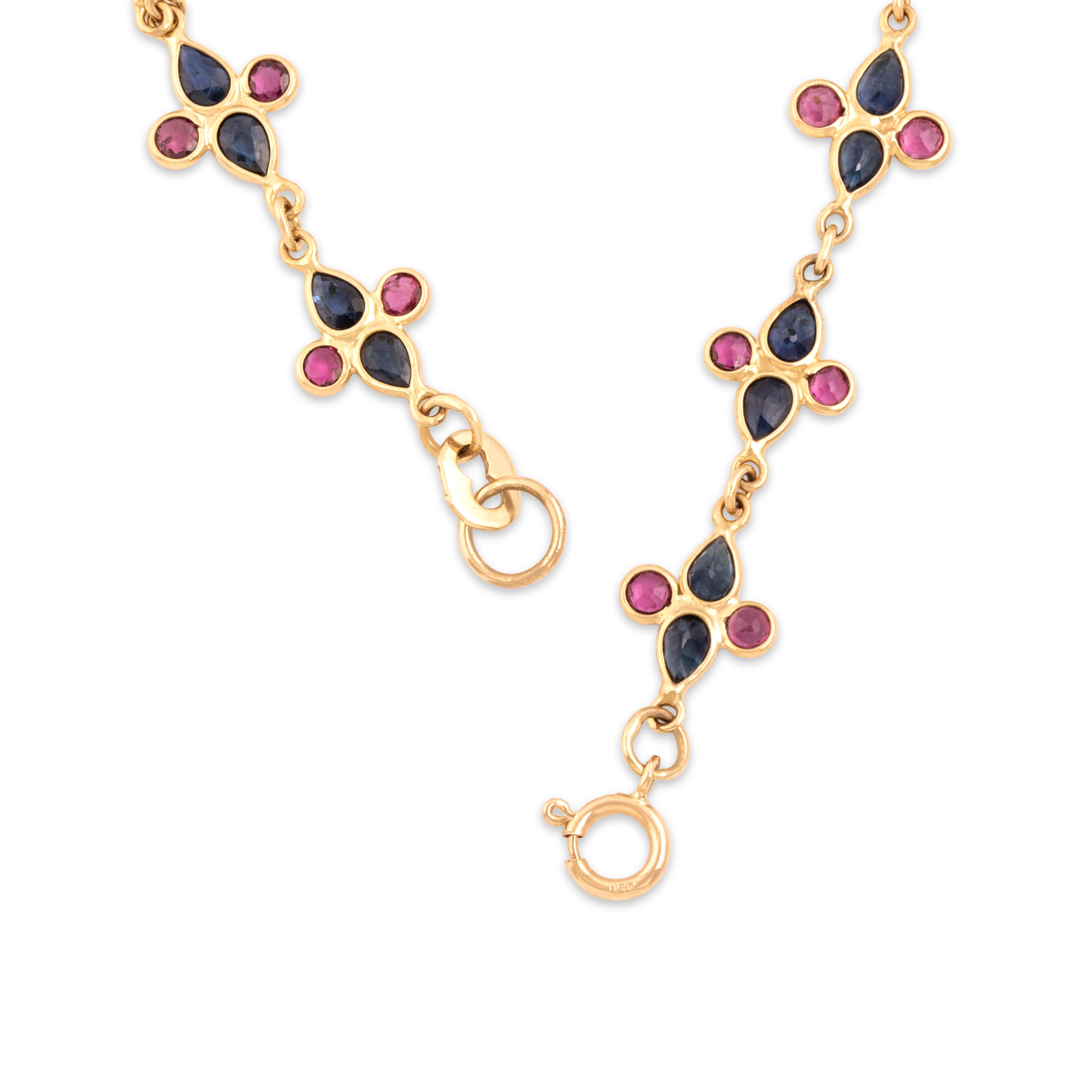 Vintage 14k Yellow Gold 1.62cttw Blue Sapphire .95cttw Ruby Playful Vibrant Quatrefoil Bracelet - clasp view