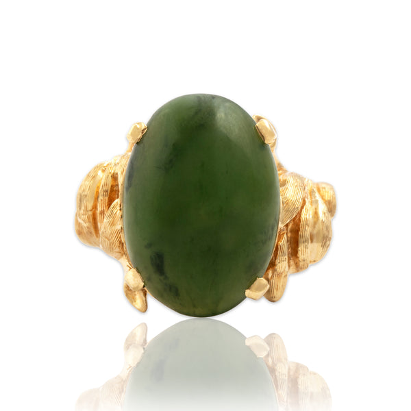 Vintage Heavy 14k Yellow Gold 9.67ct Jade Leafy Shoulder Ring 6.25