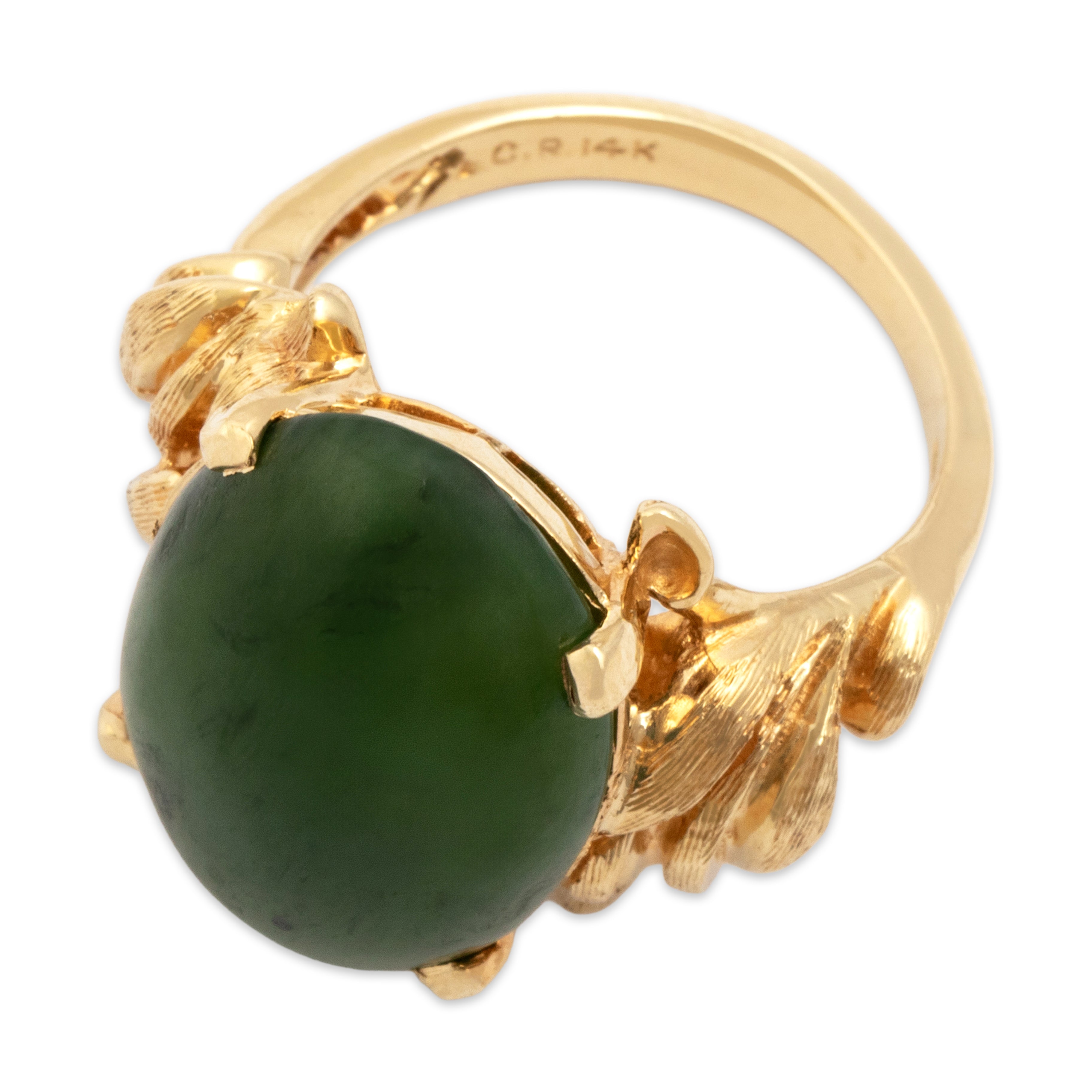 Vintage Heavy 14k Yellow Gold 9.67ct Jade Leafy Shoulder Ring - Overall view