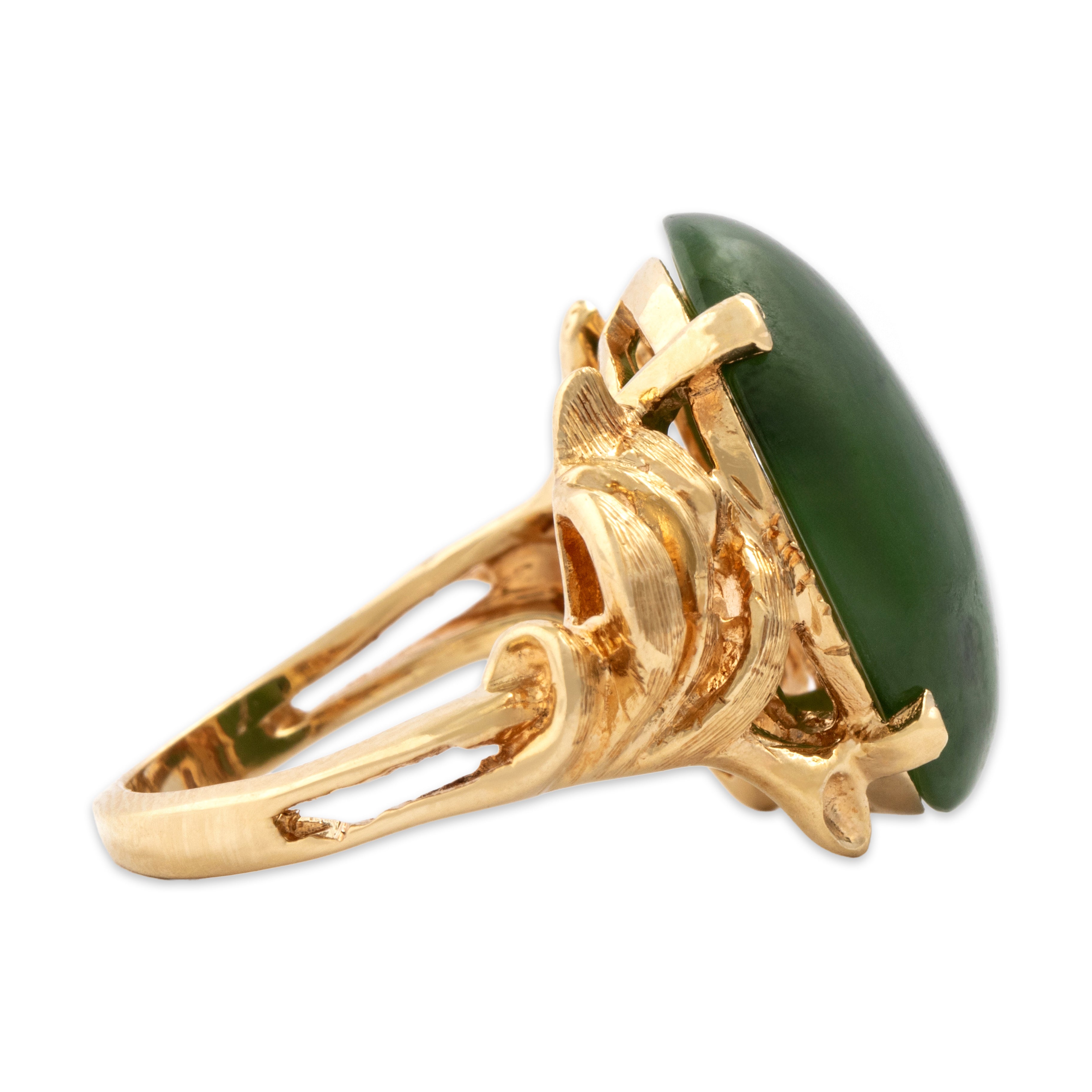 Vintage Heavy 14k Yellow Gold 9.67ct Jade Leafy Shoulder Ring - Side view