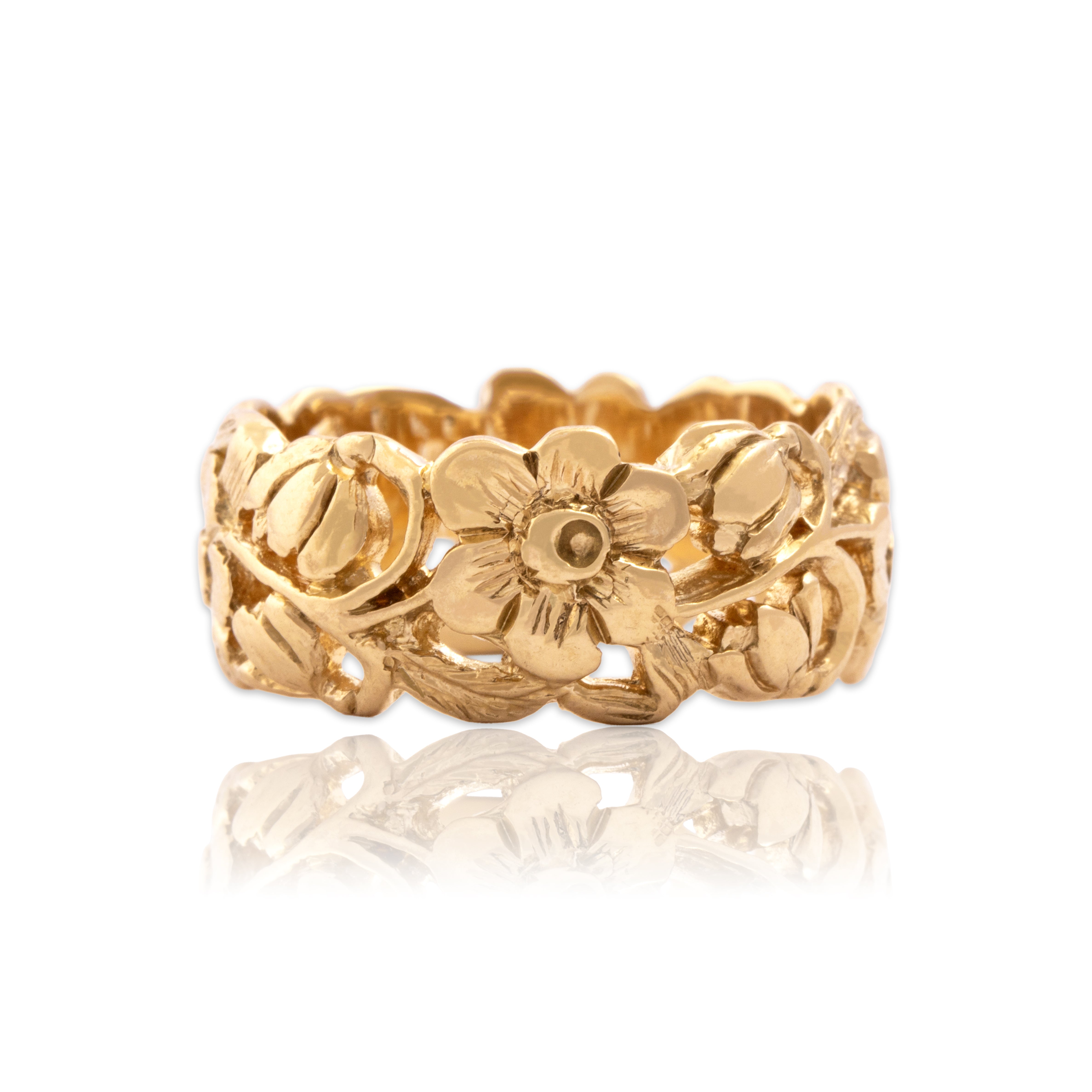 Vintage Heavy 14k Yellow Gold Openwork Floral Eternity Band Ring - Close-up view