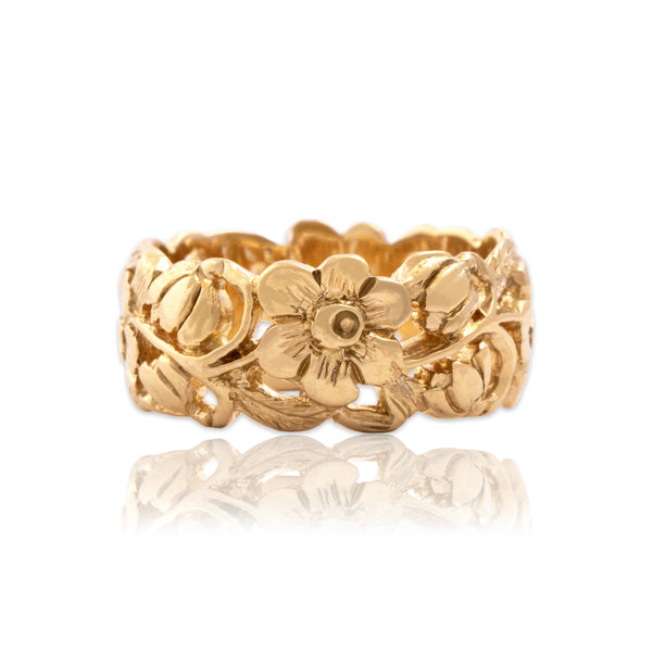 Vintage Heavy 14k Yellow Gold Openwork Floral Eternity Band Ring 6.00