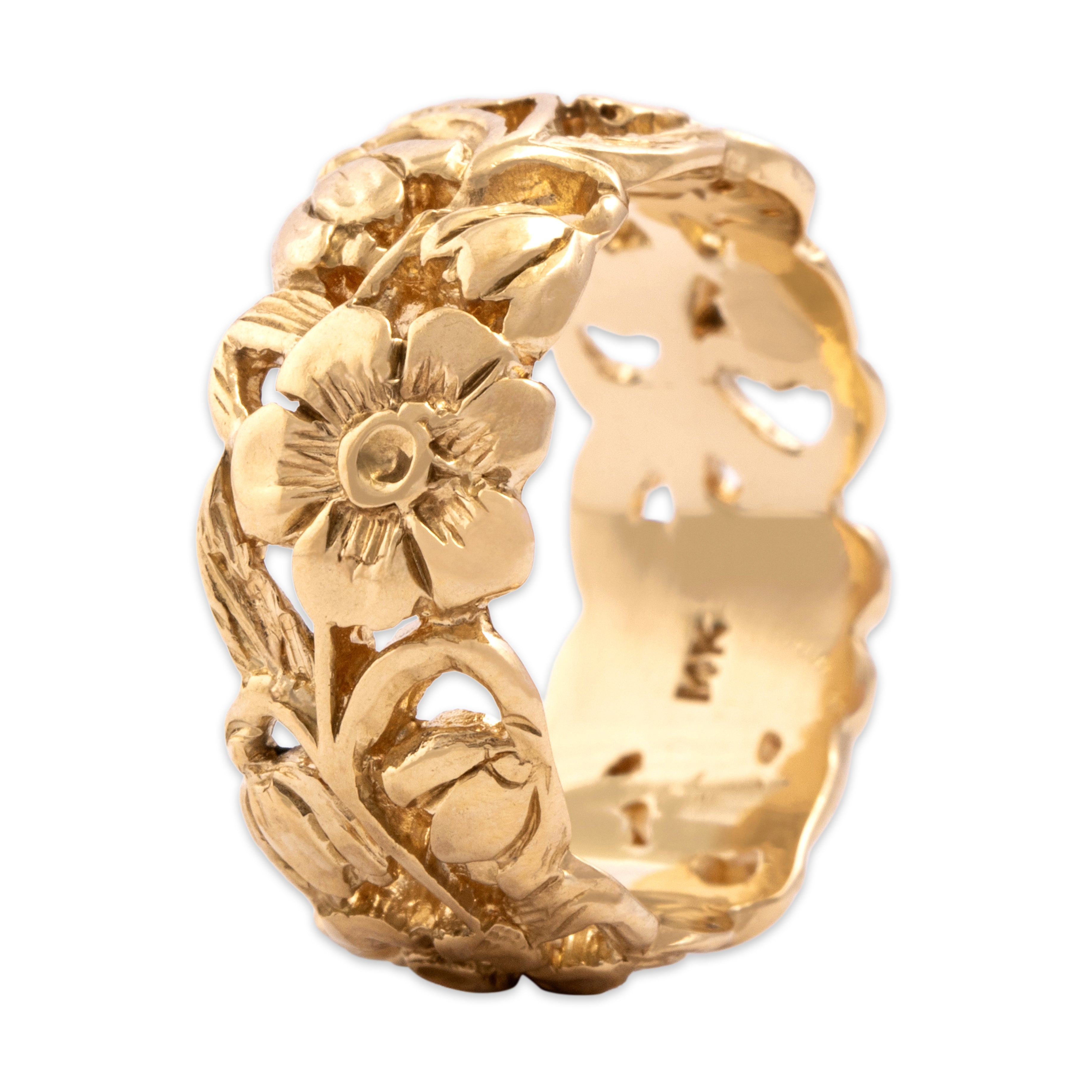 Vintage Heavy 14k Yellow Gold Openwork Floral Eternity Band Ring - Overall view