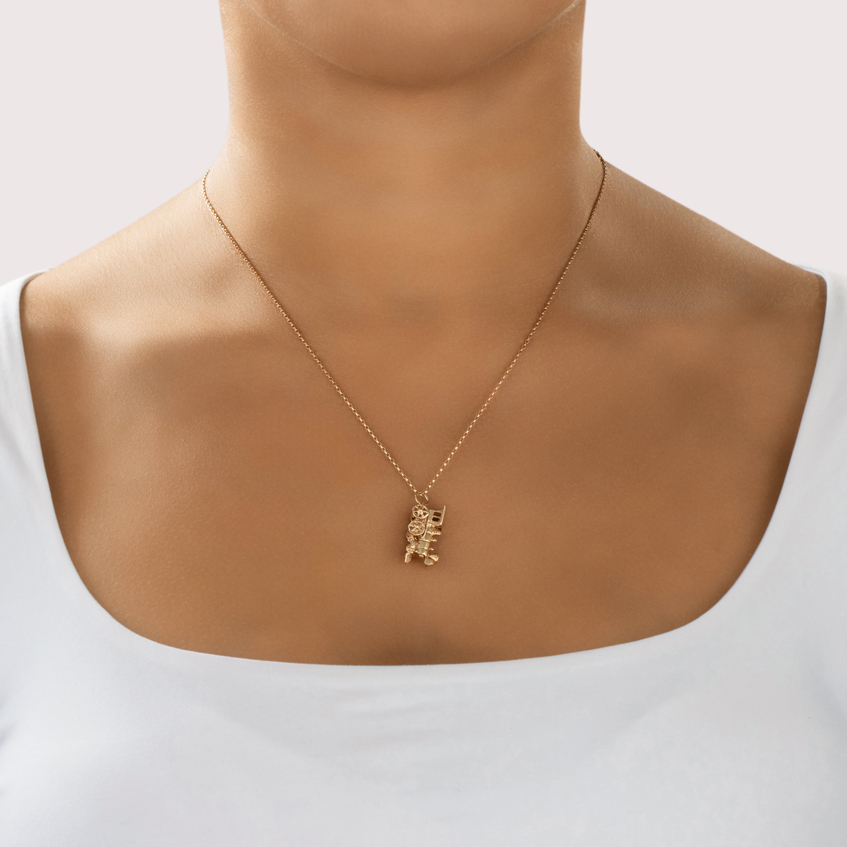 Vintage Heavy 14k Yellow Gold Articulated Train Charm / Pendant - On model view
