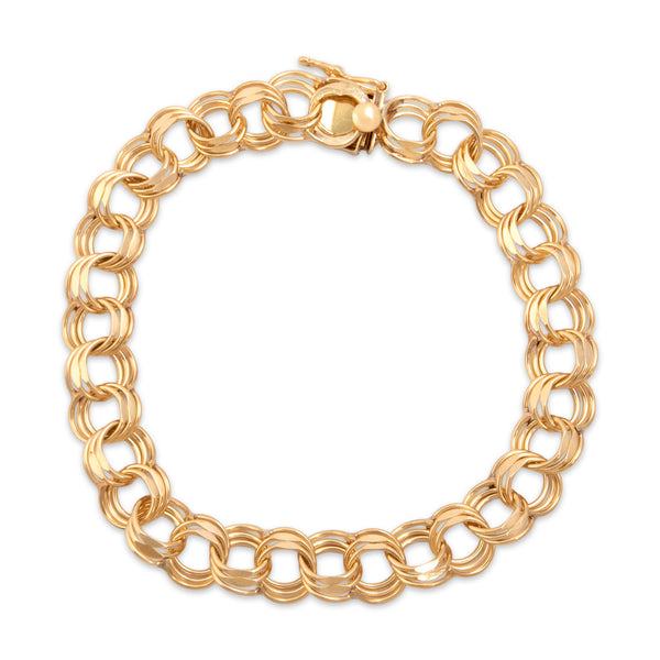 Vintage 14k Yellow Gold Hammered Triple Loop Charm Link Bracelet 7