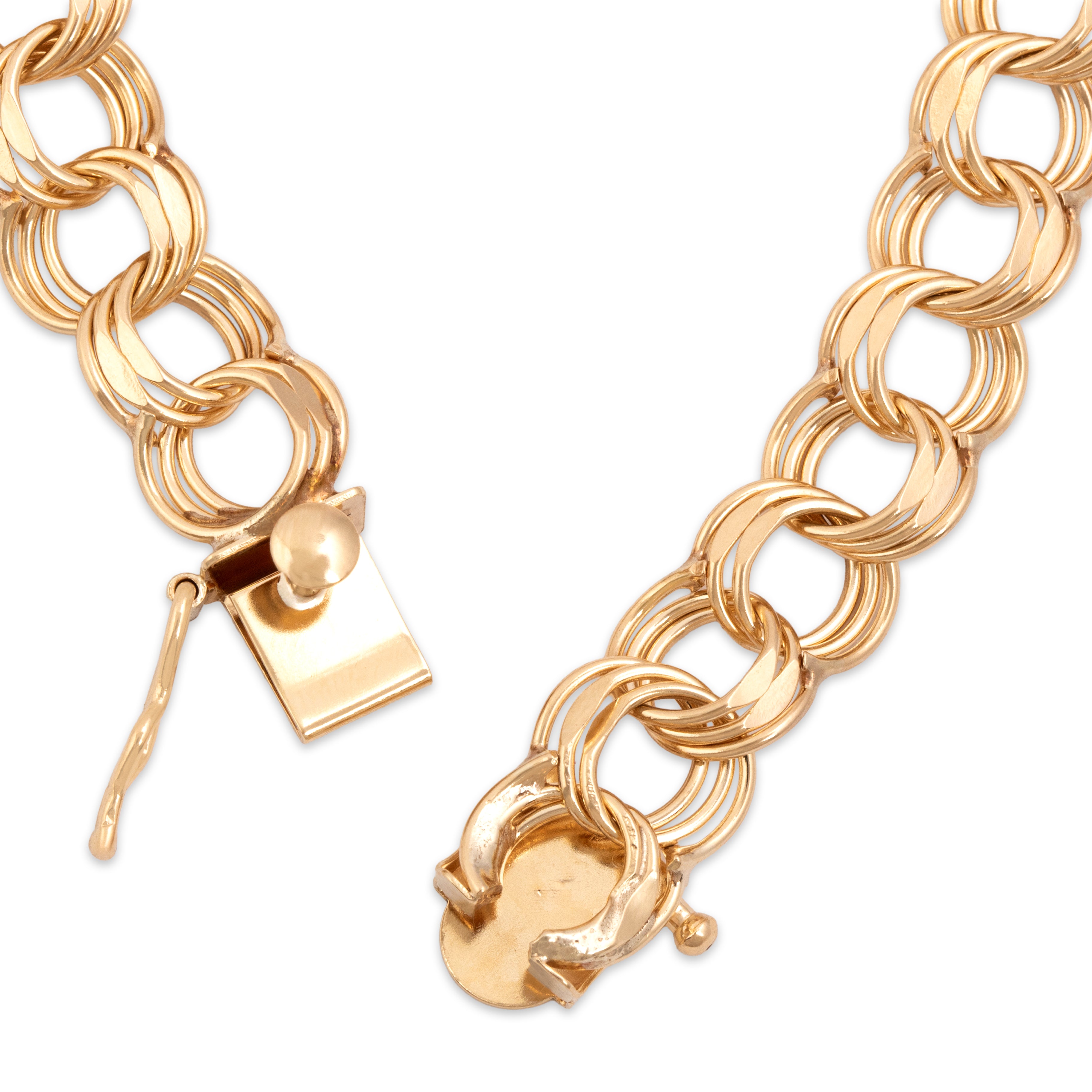Vintage 14k Yellow Gold Hammered Triple Loop Charm Link Bracelet - clasp view