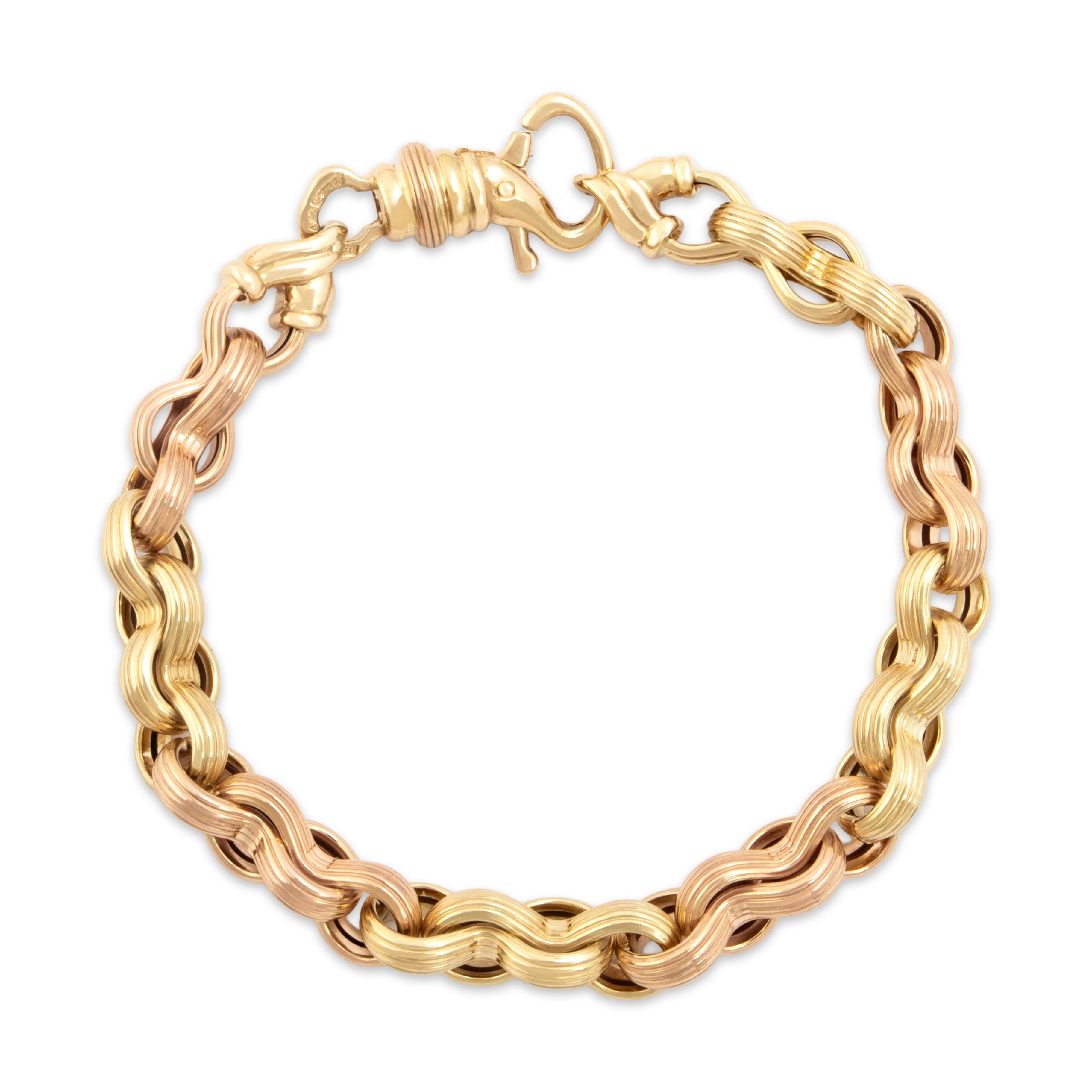 Vintage Italian 14k Yellow & Rose Gold Unusual Sculptural Alternating Link Bracelet - Close-up view