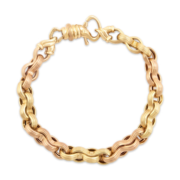 Vintage Italian 14k Yellow & Rose Gold Sculptural Alternating Link Bracelet 6.25