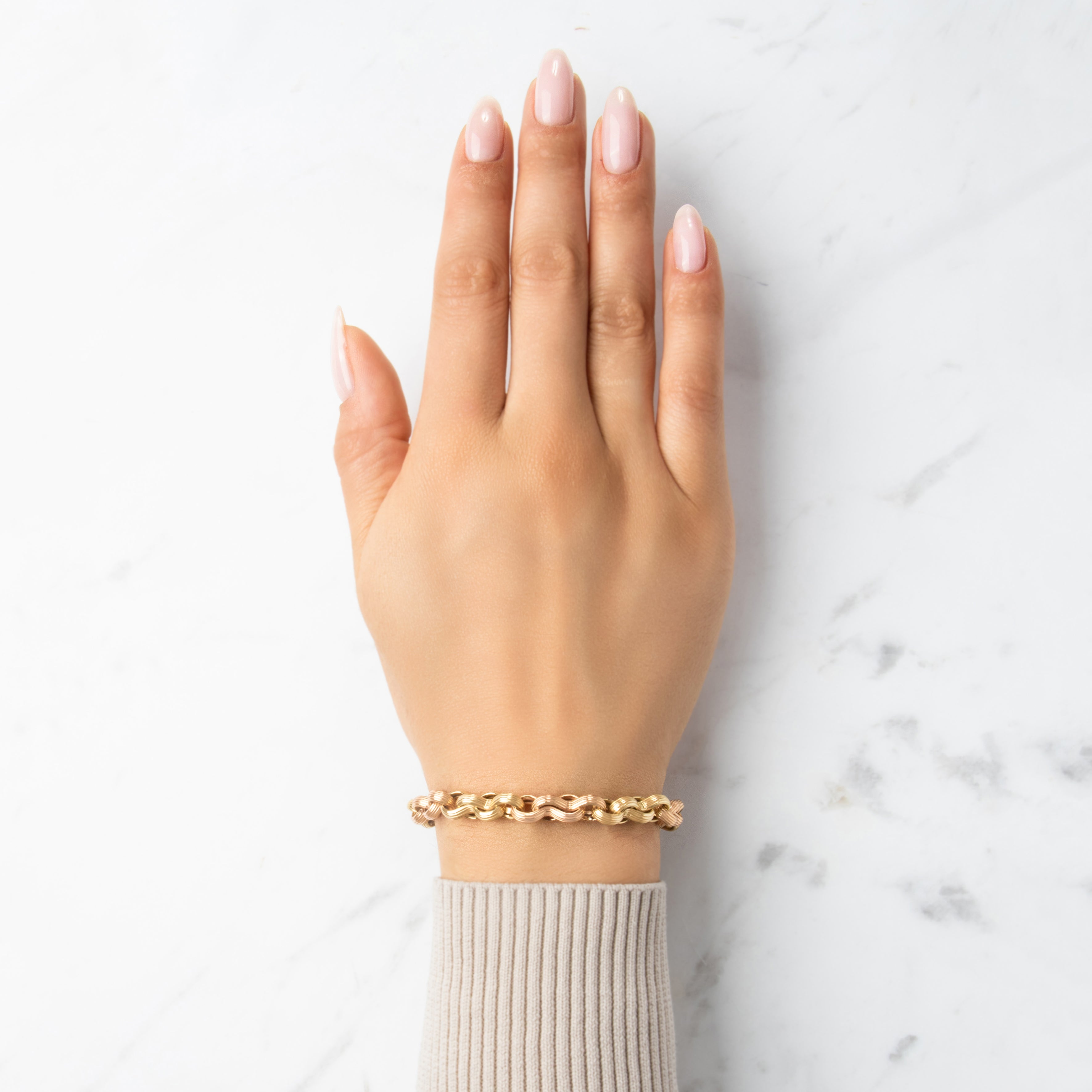 Vintage Italian 14k Yellow & Rose Gold Unusual Sculptural Alternating Link Bracelet - On model view