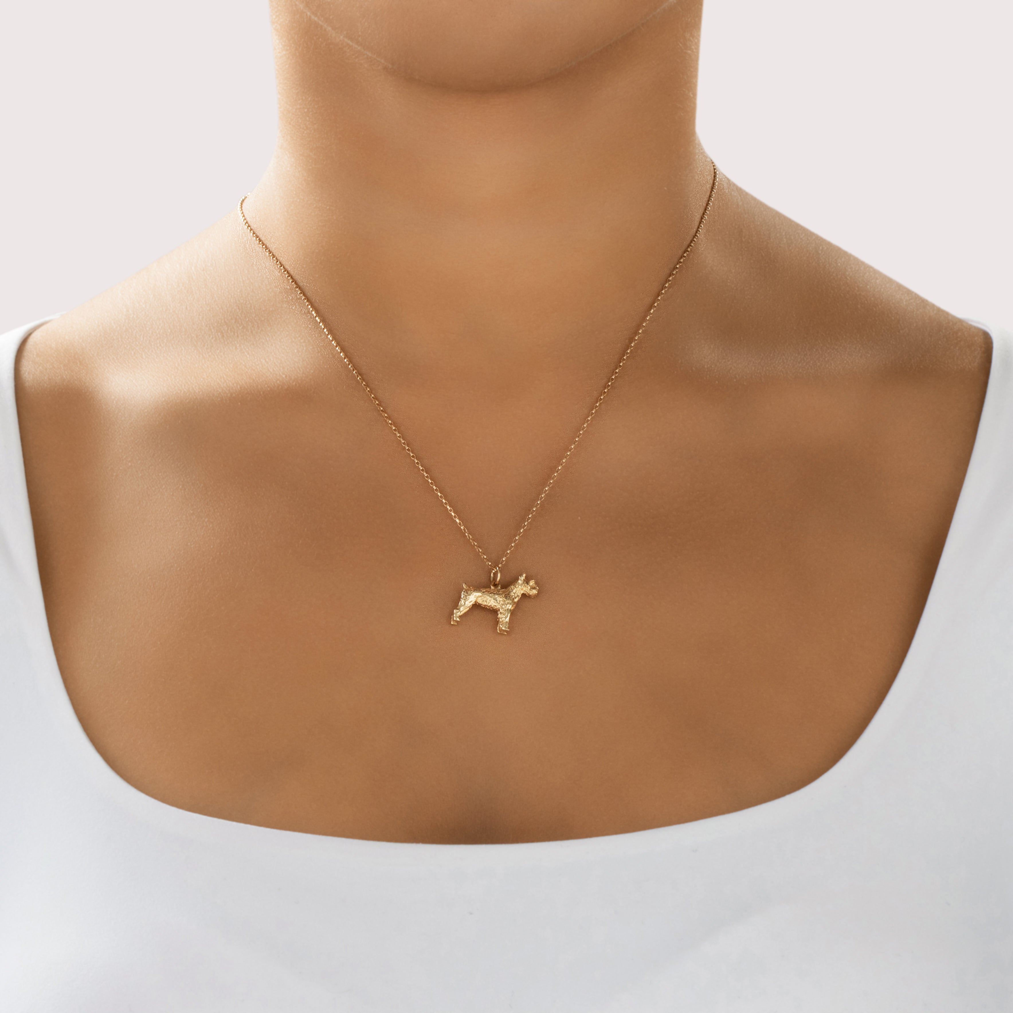 Vintage Heavy 14k Yellow Gold Figural Schnauzer Dog Charm / Pendant - On model view