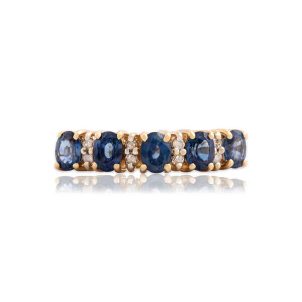 Vintage 14k Yellow Gold .89cttw Blue Sapphire Diamond Ascending Step Ring 5.50