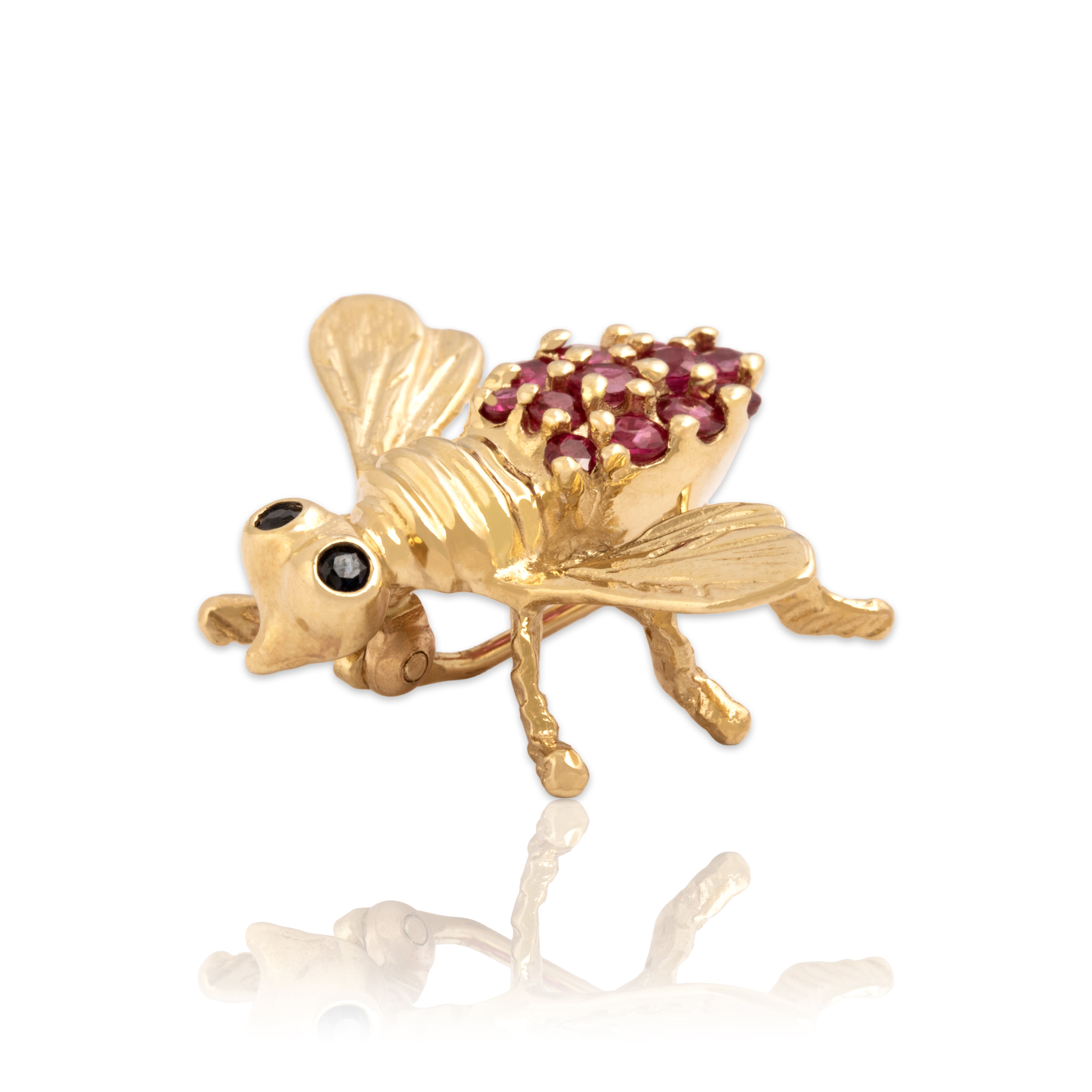 Vintage 14k Yellow Gold Ruby Blue Sapphire Adorable Figural Bee Friend Brooch / Pin - Close-up view