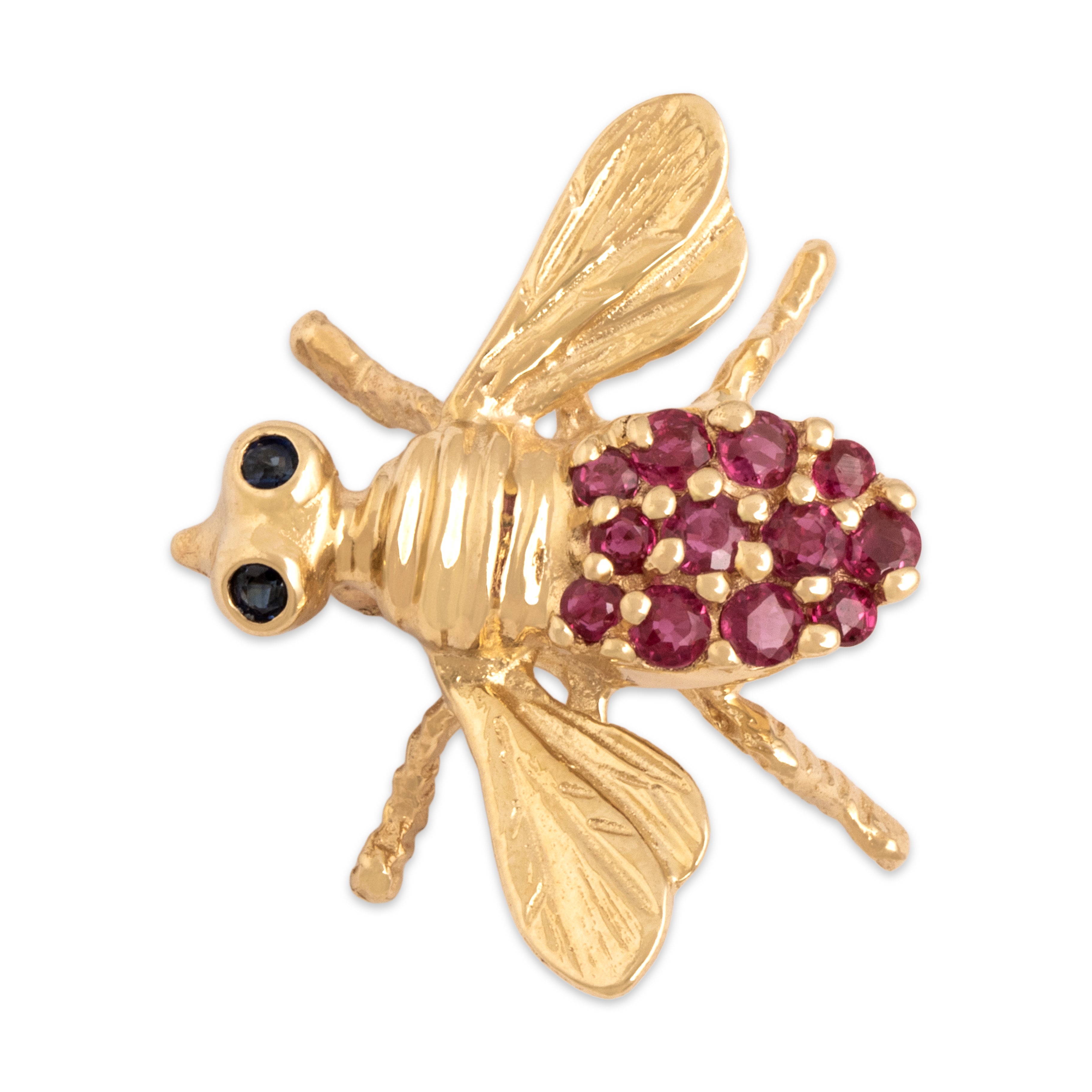Vintage 14k Yellow Gold Ruby Blue Sapphire Adorable Figural Bee Friend Brooch / Pin - detail view #1