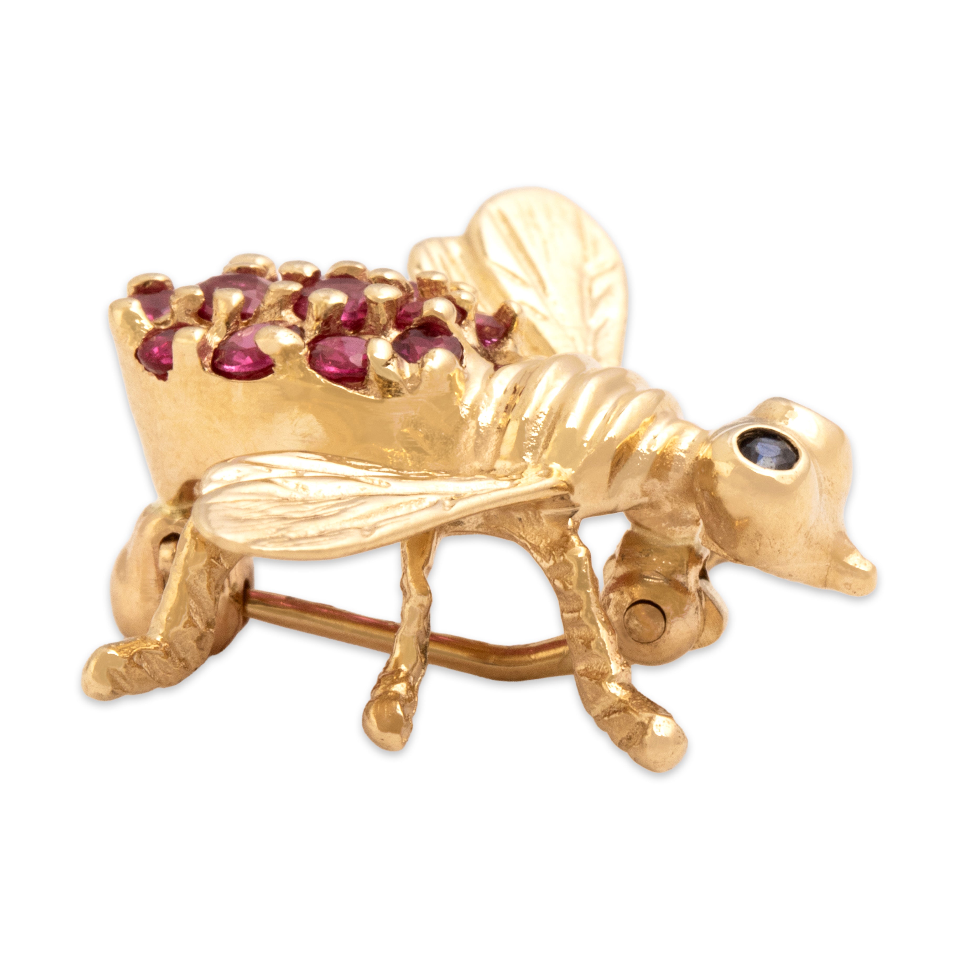 Vintage 14k Yellow Gold Ruby Blue Sapphire Adorable Figural Bee Friend Brooch / Pin - Side view
