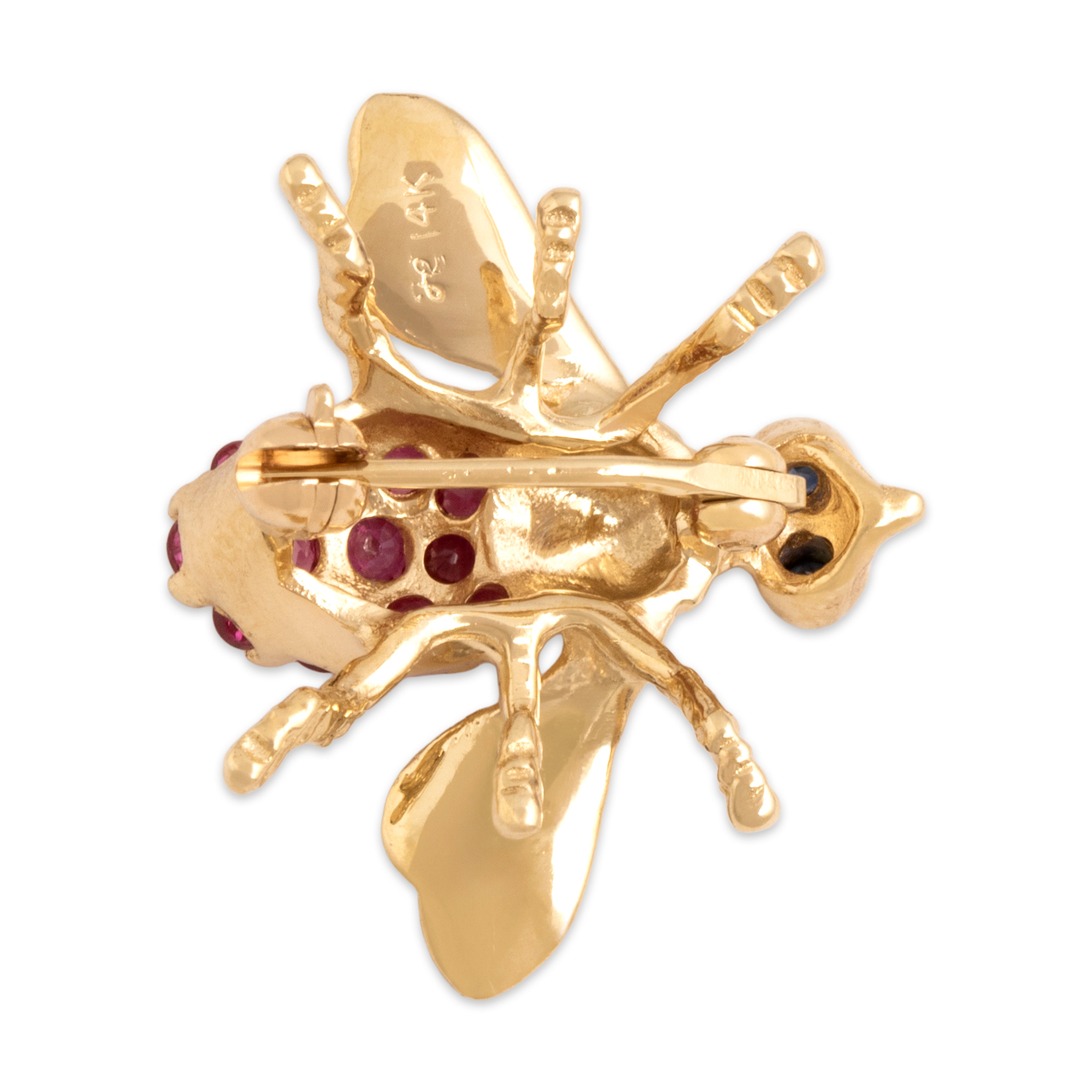 Vintage 14k Yellow Gold Ruby Blue Sapphire Adorable Figural Bee Friend Brooch / Pin - Hallmark view