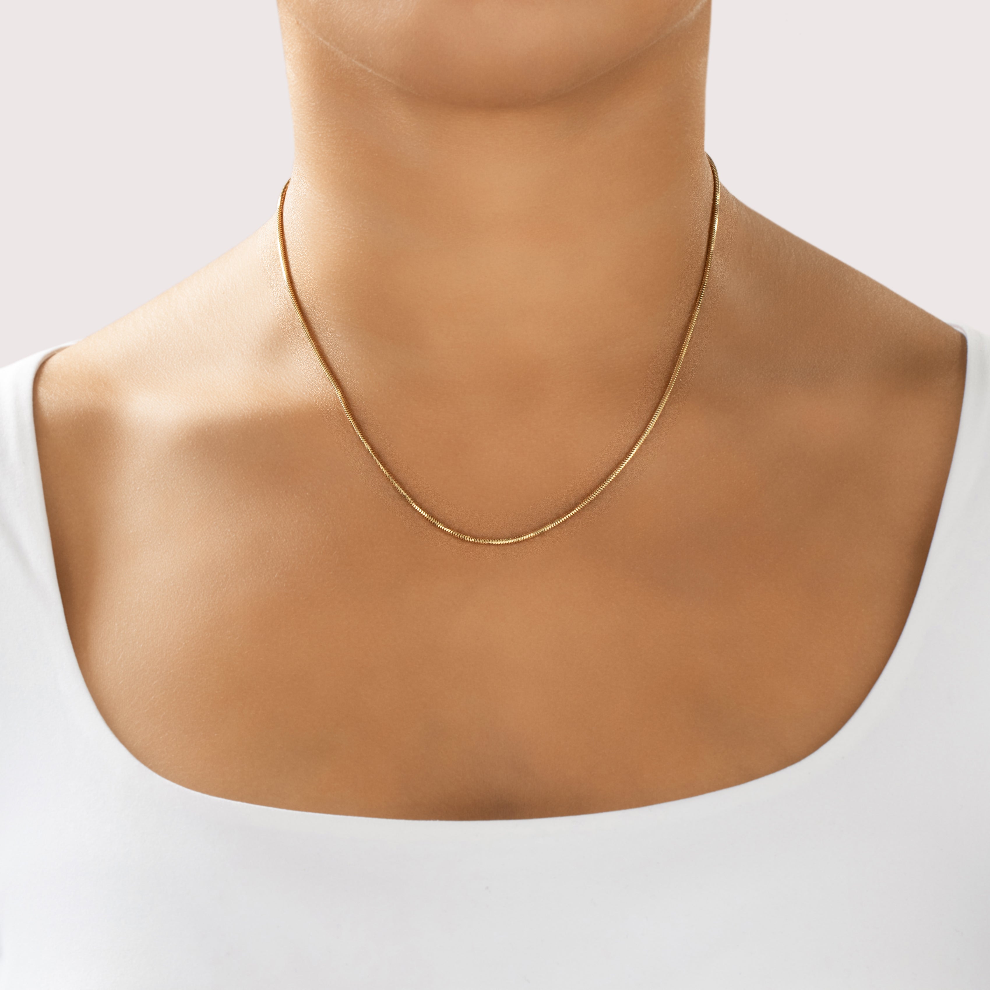 Vintage Italian 14k Yellow Gold Sleek Rounded Snake Link 1.6mm Chain - On model view