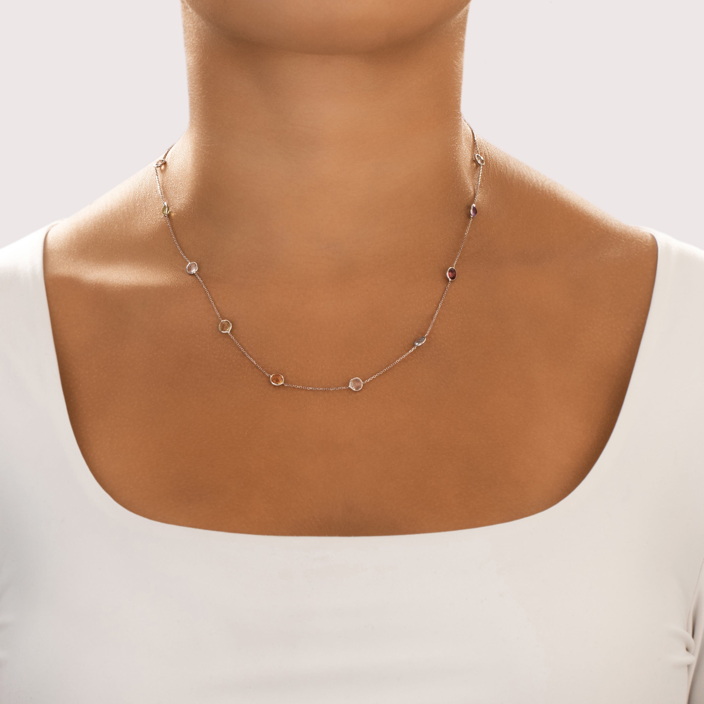 Vintage 14k White Gold .65cttw Smoky Quartz .62cttw White Lemon Quartz .51ct Pink Garnet Blue Topaz Peridot Amethyst Prasiolite Citrine Checkerboard Station By The Yard Necklace - On model view