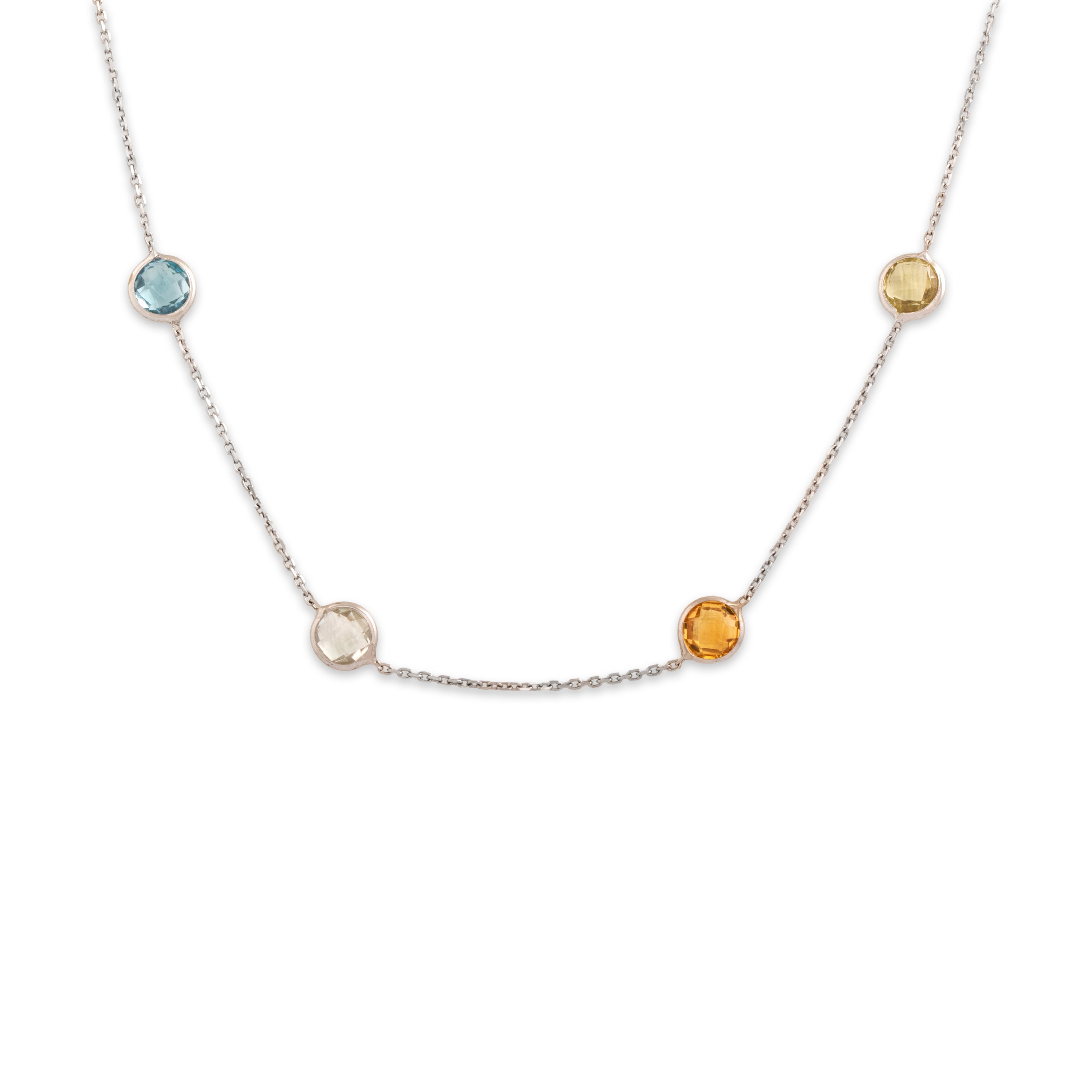 Vintage 14k White Gold .65cttw Smoky Quartz .62cttw White Lemon Quartz .51ct Pink Garnet Blue Topaz Peridot Amethyst Prasiolite Citrine Checkerboard Station By The Yard Necklace - detail view #1