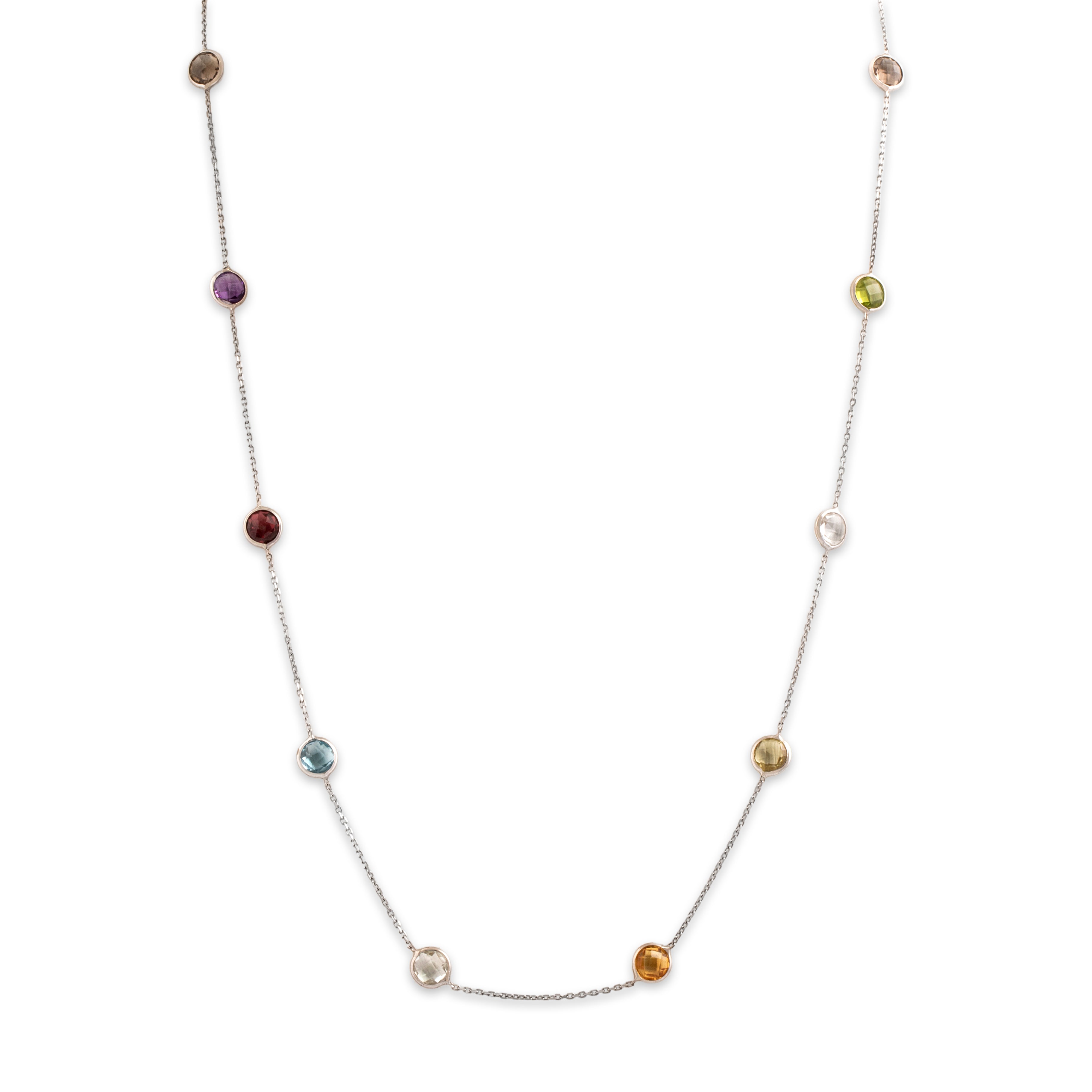 Vintage 14k White Gold .65cttw Smoky Quartz .62cttw White Lemon Quartz .51ct Pink Garnet Blue Topaz Peridot Amethyst Prasiolite Citrine Checkerboard Station By The Yard Necklace - Close-up view