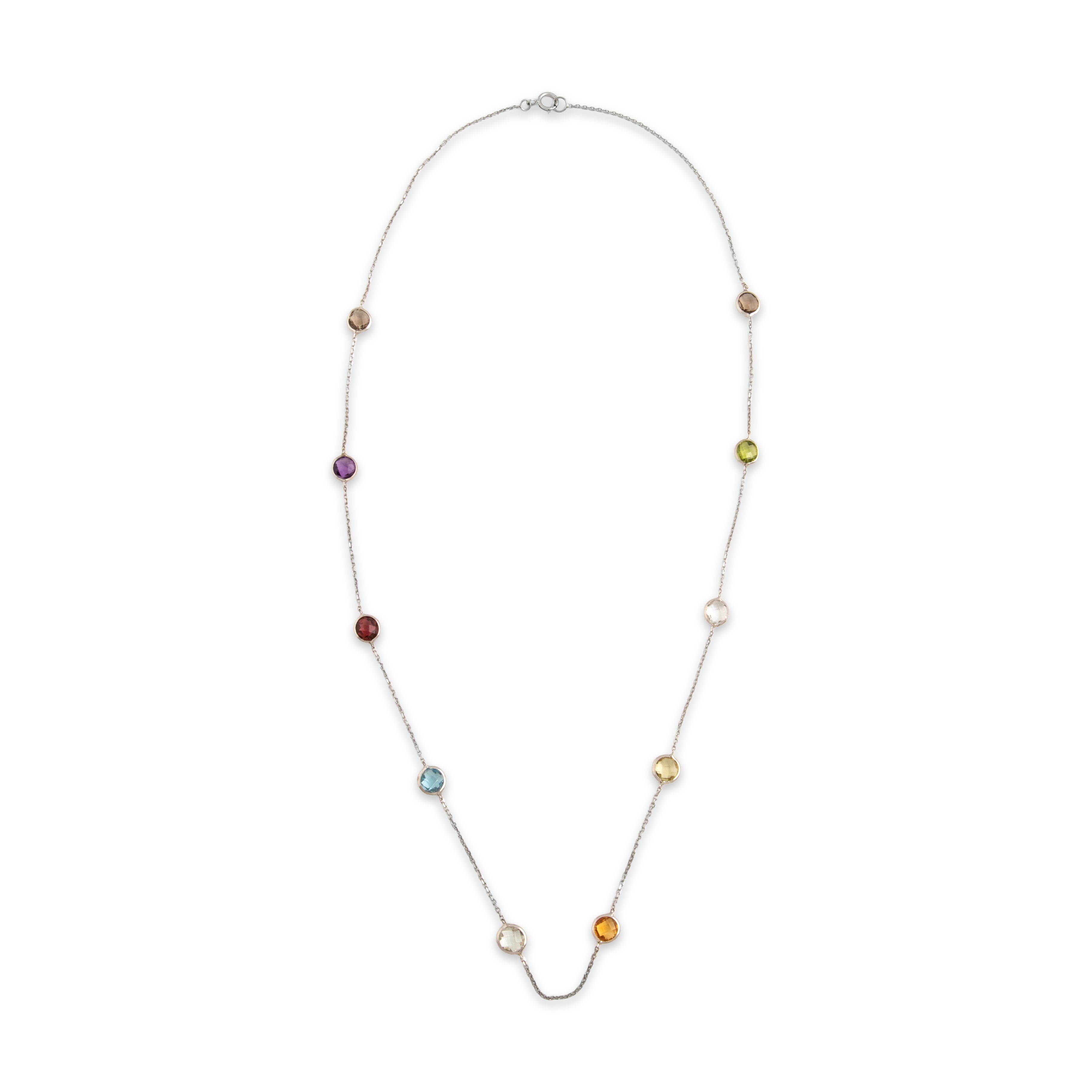 Vintage 14k White Gold .65cttw Smoky Quartz .62cttw White Lemon Quartz .51ct Pink Garnet Blue Topaz Peridot Amethyst Prasiolite Citrine Checkerboard Station By The Yard Necklace - Overall view