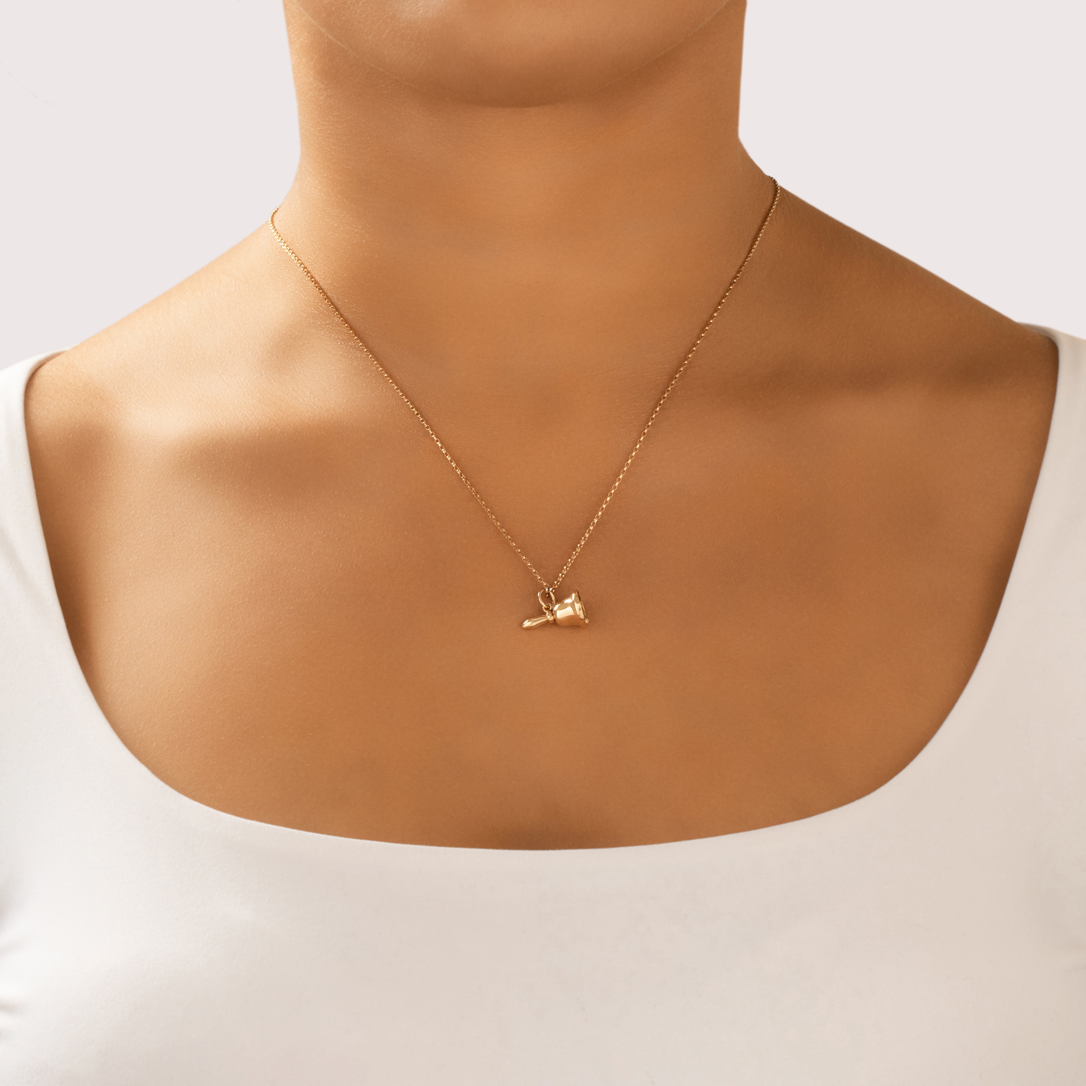 Vintage 14k Yellow Gold Whimsical Ringing Bell Charm / Pendant - On model view