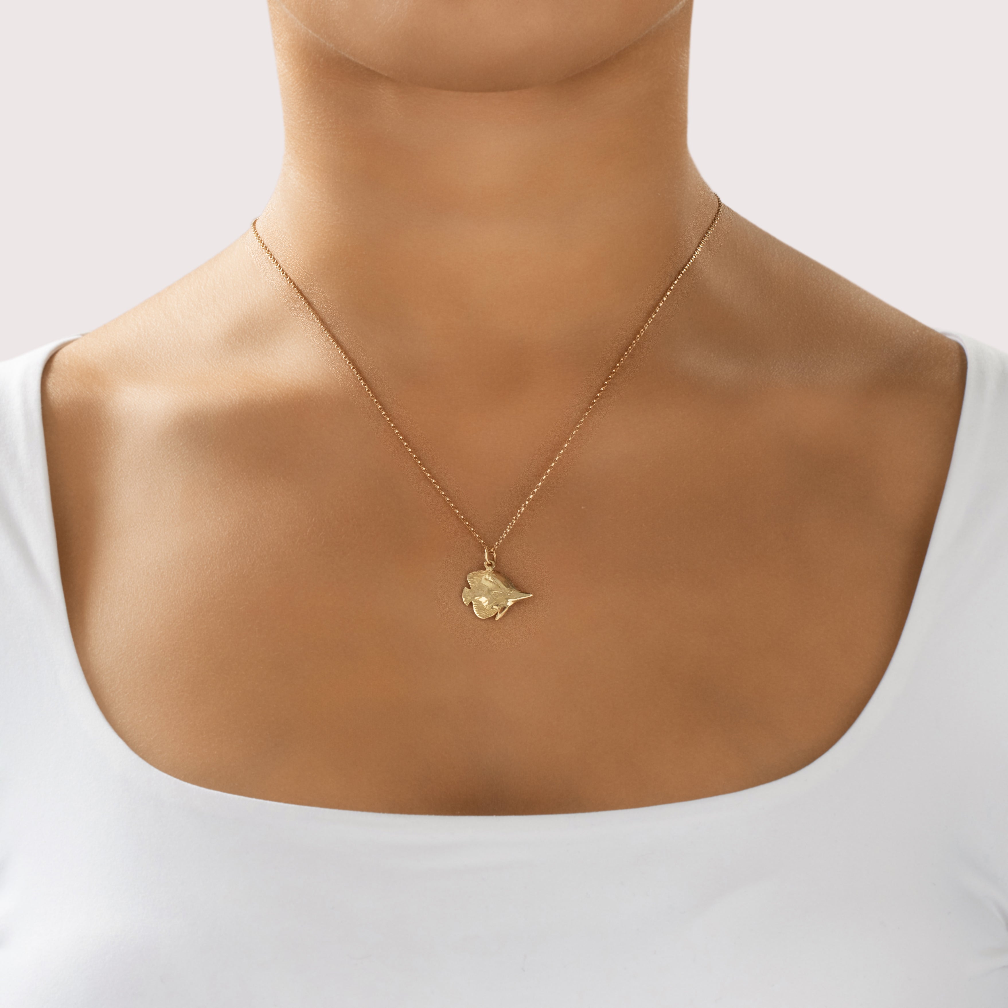 Vintage 14k Yellow Gold Tropical Butterfly Fish Charm / Pendant - On model view
