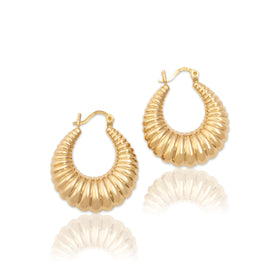 Vintage Lightweight 14k Yellow Gold Puffy Ribbed Hoop Earrings