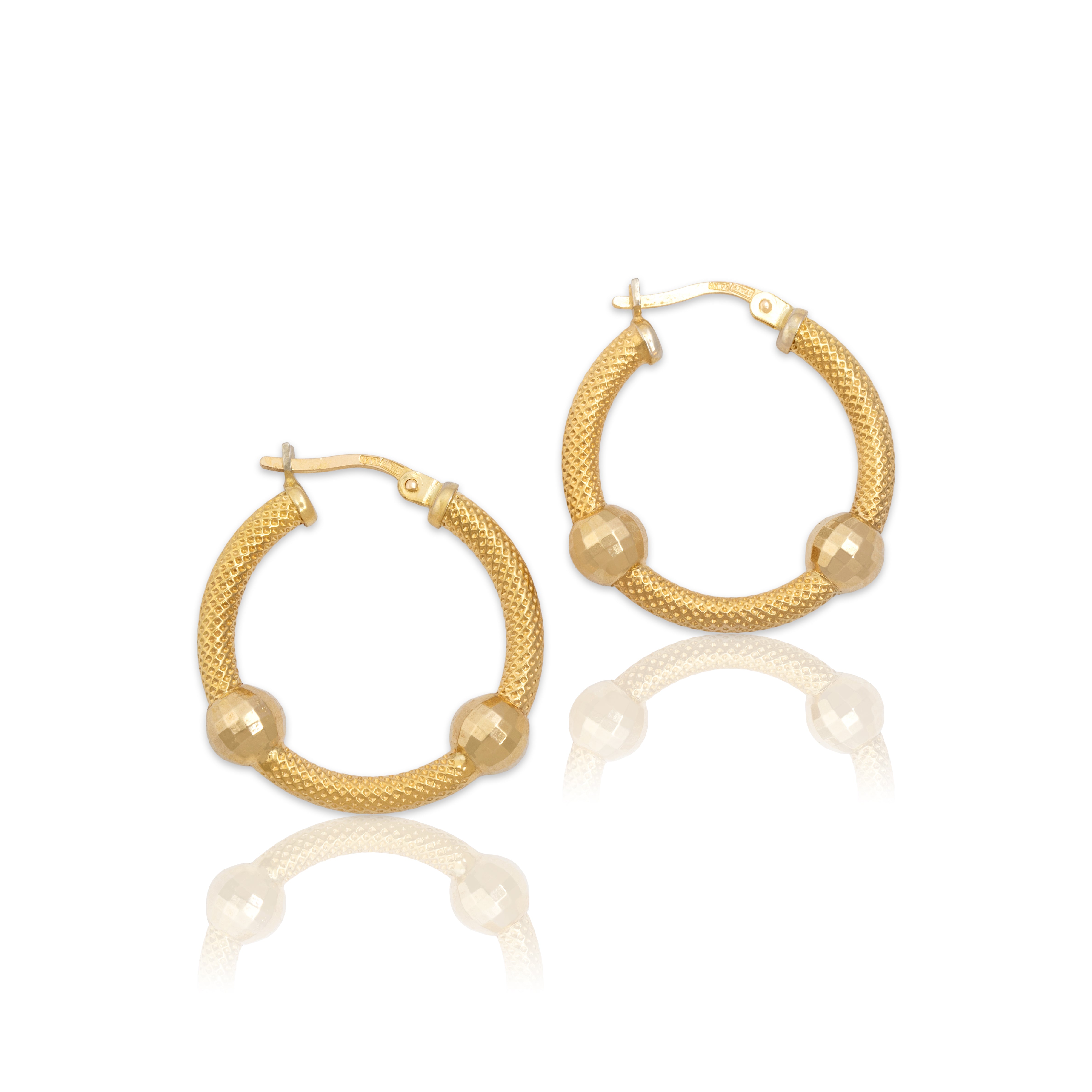 Vintage Italian 14k Yellow Gold Funky Glittering Disco Ball Station Hoop Earrings - Close-up view