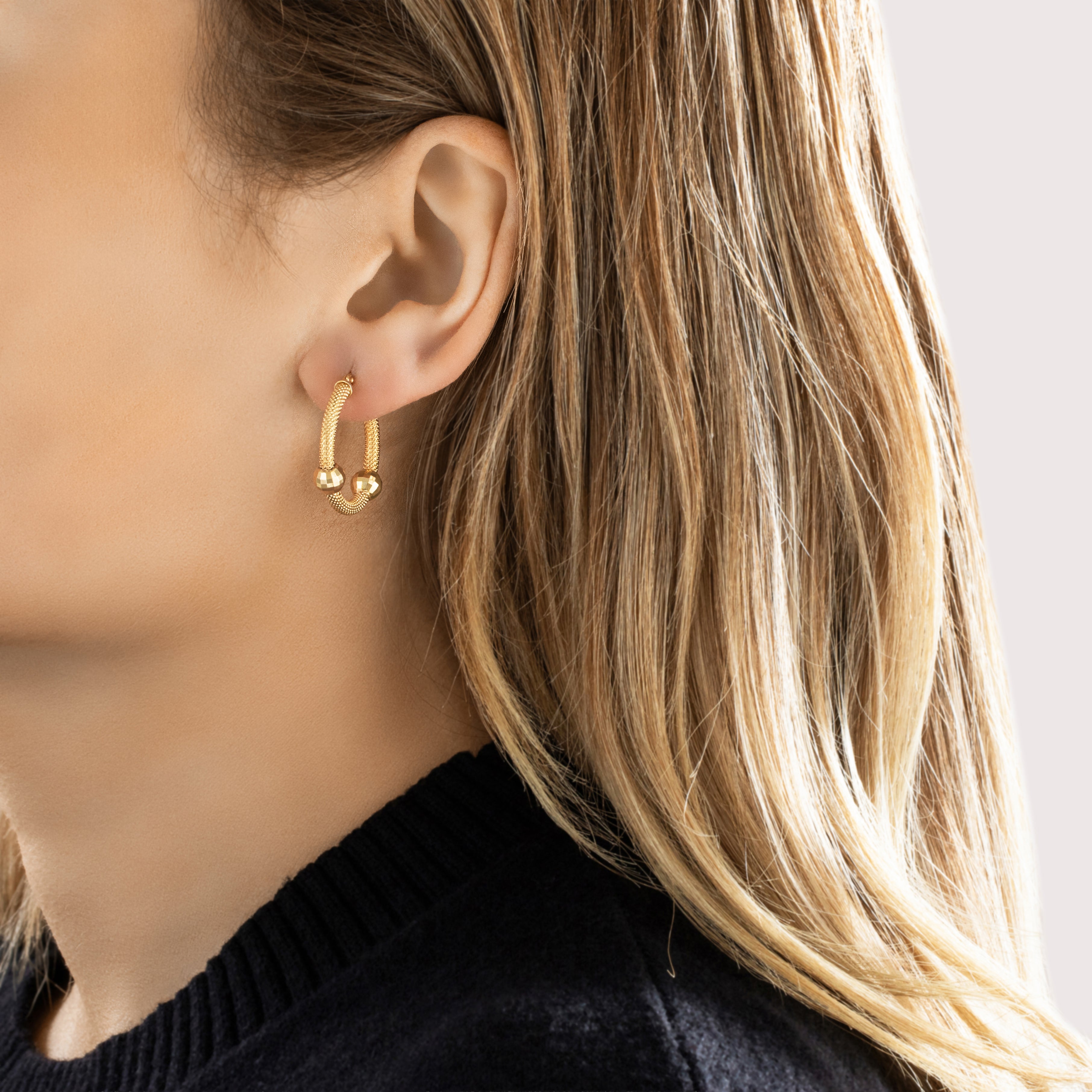 Vintage Italian 14k Yellow Gold Funky Glittering Disco Ball Station Hoop Earrings - On model view