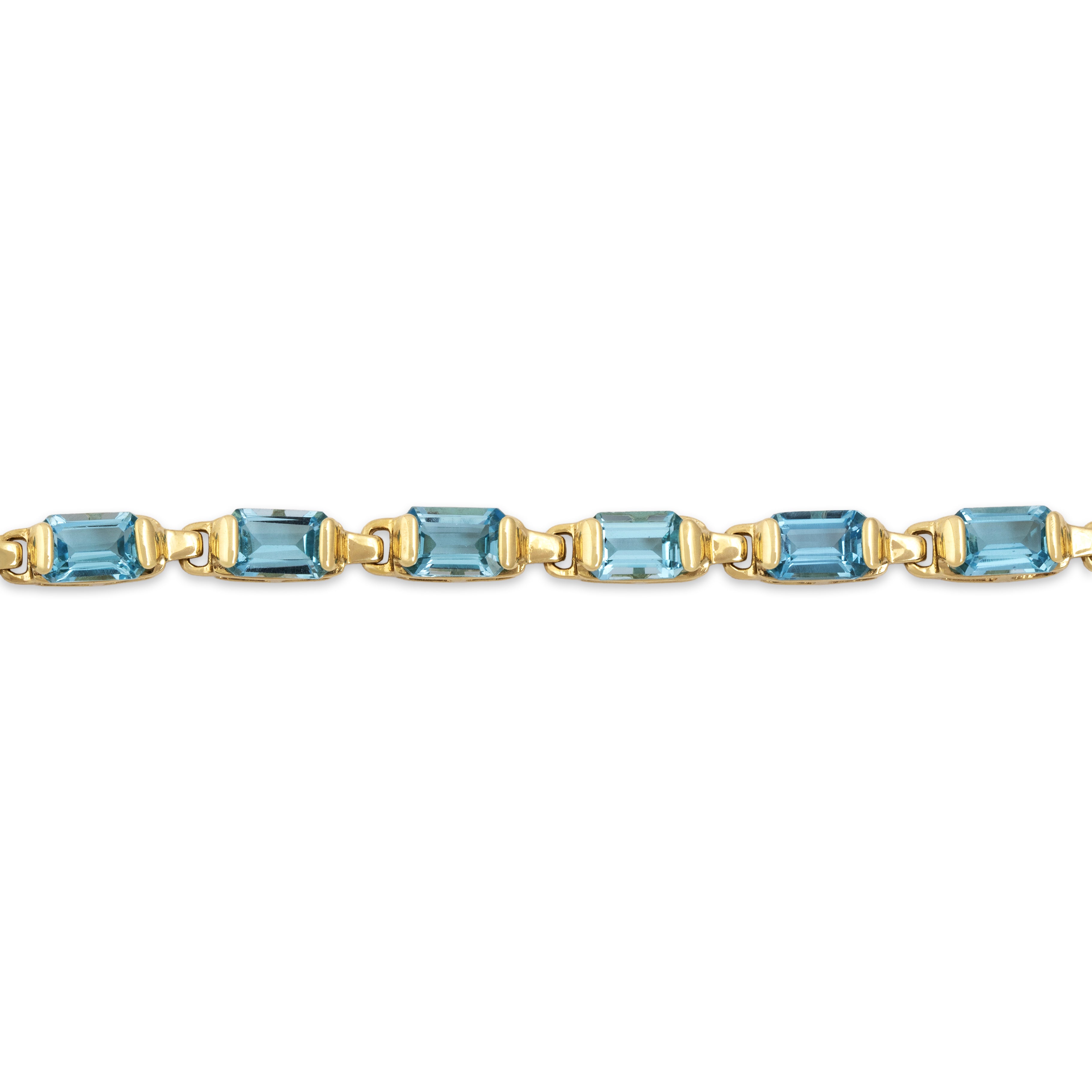 Vintage 14k Yellow Gold 9.69cttw Blue Topaz Refined Emerald-Cut Link Bracelet - Close-up view