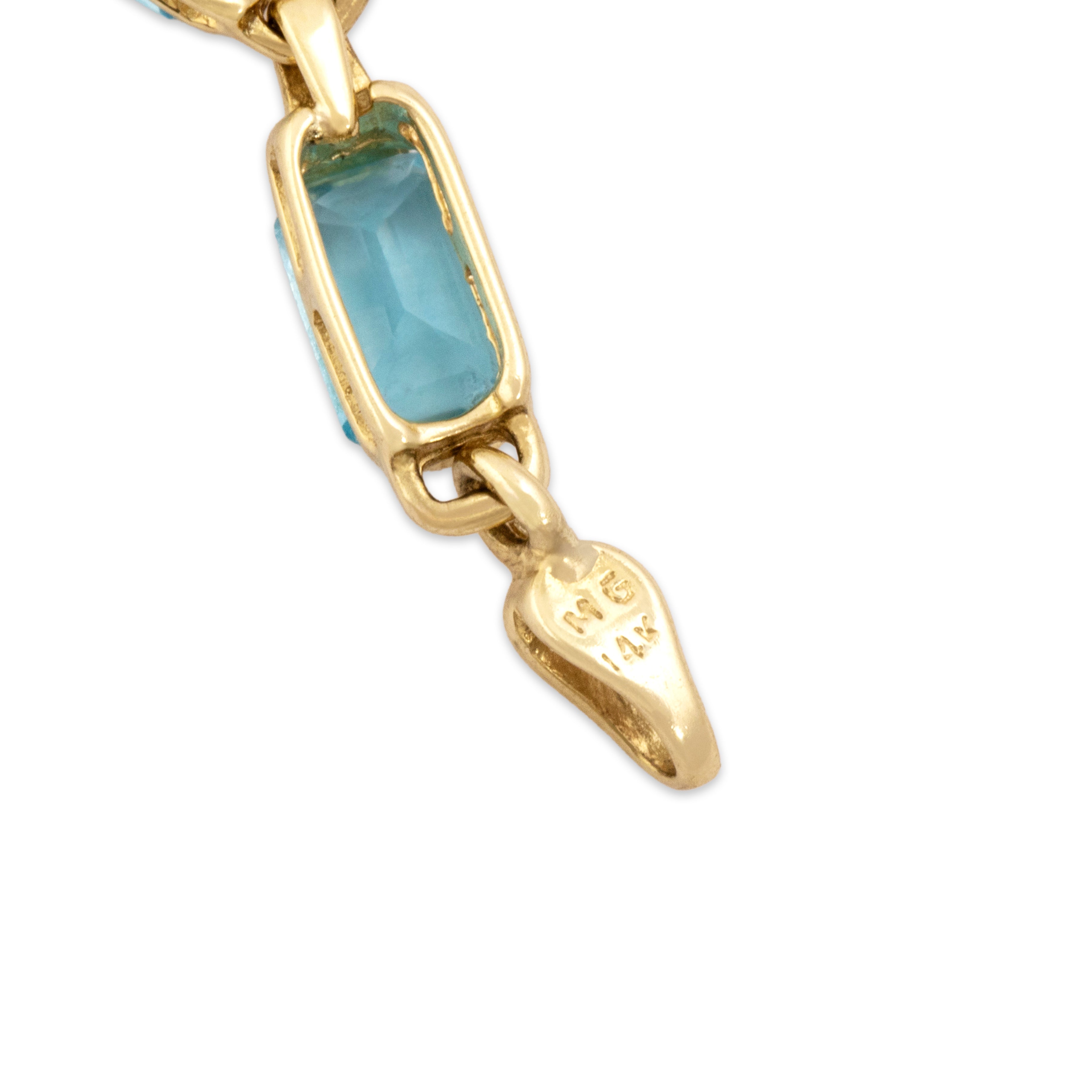 Vintage 14k Yellow Gold 9.69cttw Blue Topaz Refined Emerald-Cut Link Bracelet - Hallmark view