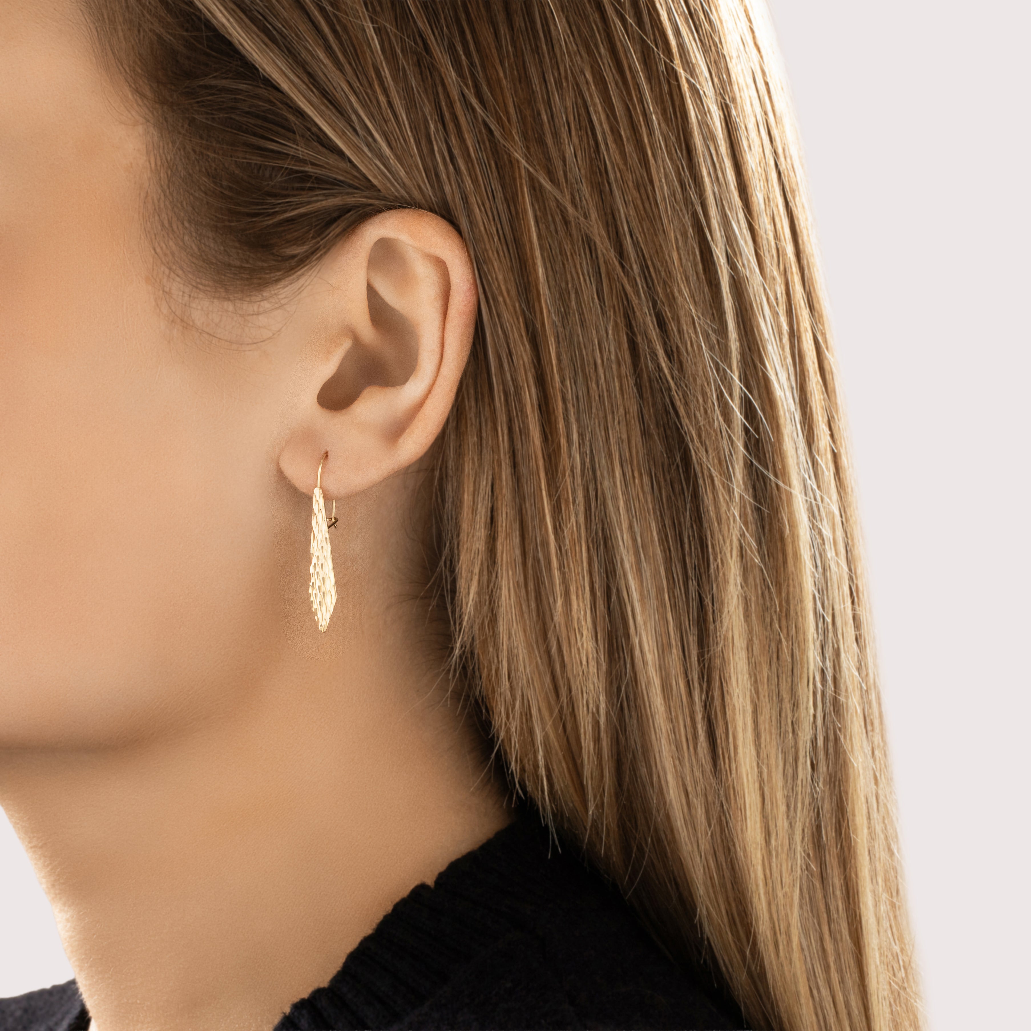 Vintage 14k Yellow Gold Shimmery Textured Drop Earrings - On model view