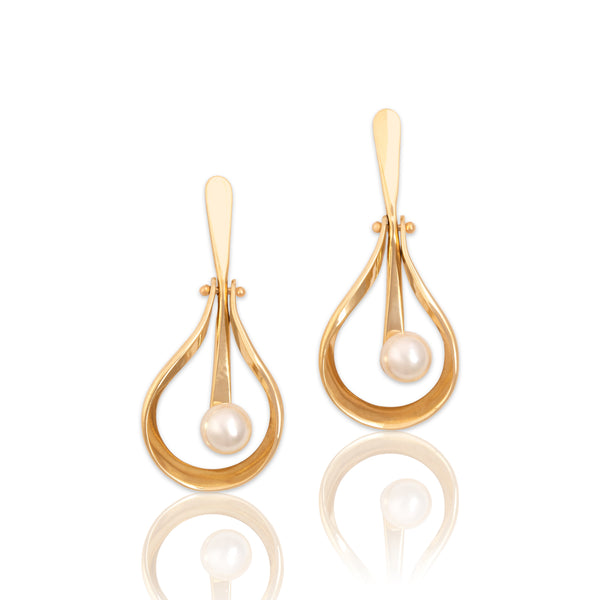 Vintage 14k Yellow Gold Pearl Fluid Hinged Teardrop Dangle Earrings