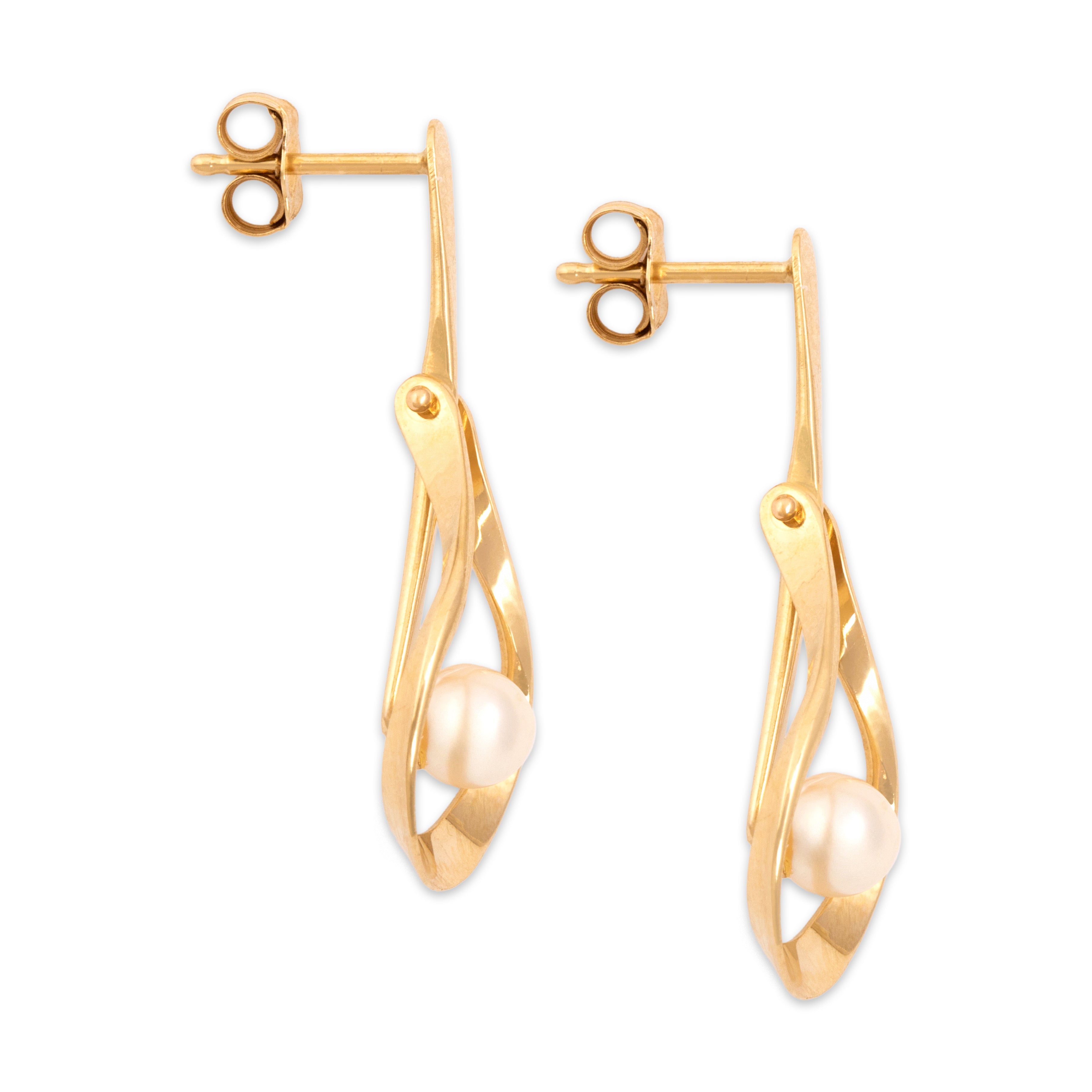 Vintage 14k Yellow Gold Pearl Fluid Hinged Teardrop Dangle Earrings - Side view