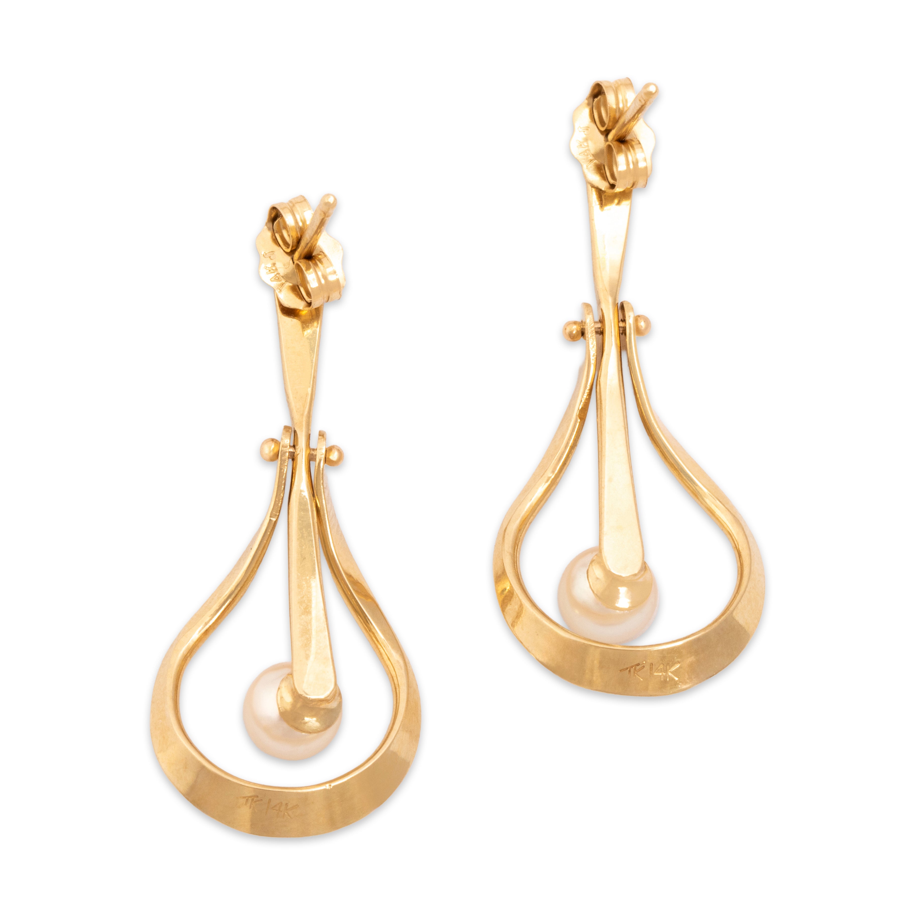 Vintage 14k Yellow Gold Pearl Fluid Hinged Teardrop Dangle Earrings - Back view