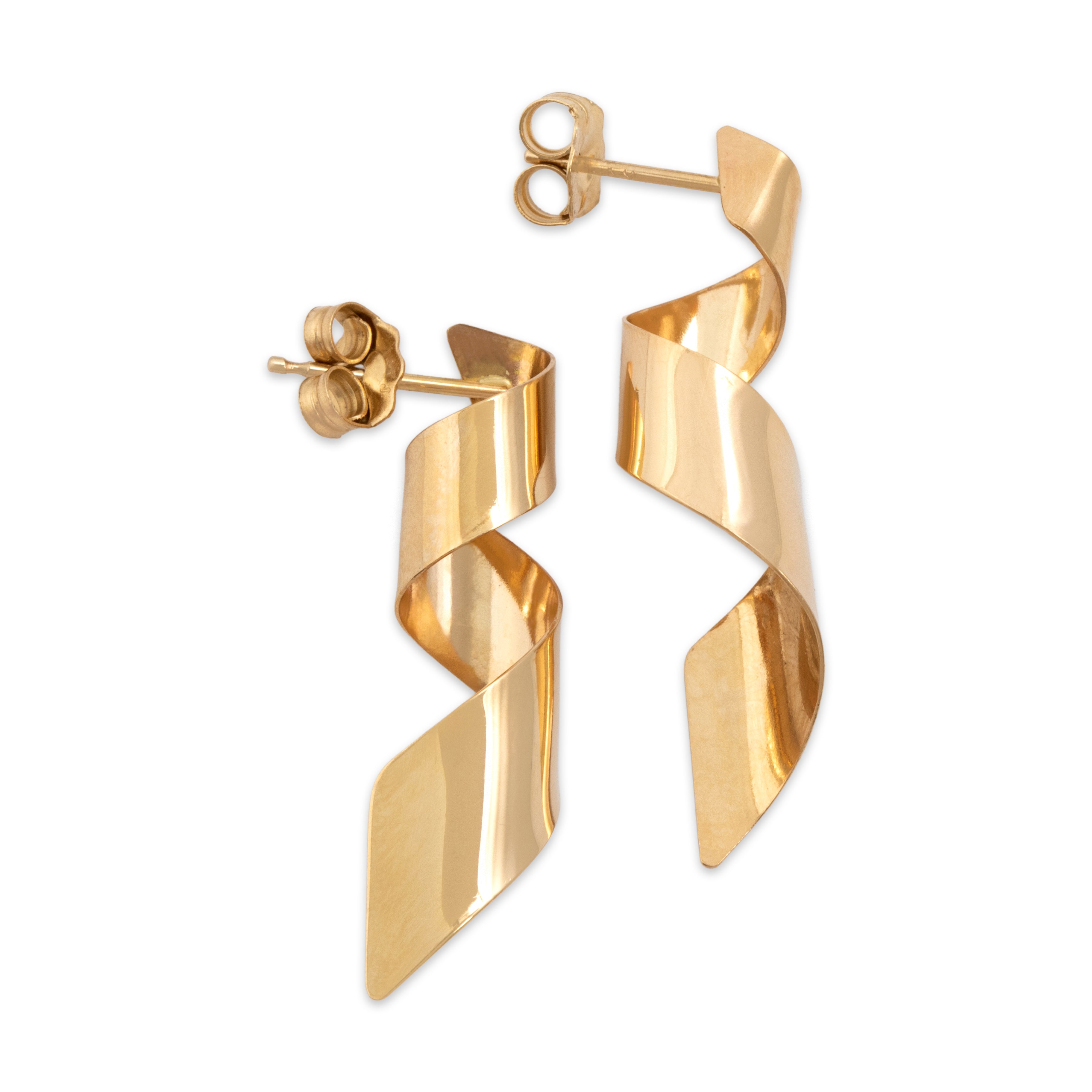 Vintage Lightweight 14k Yellow Gold Spiral Ribbon Drop Earrings - Side view