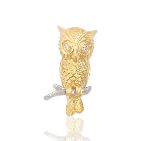 Vintage Hammerman Bros. Heavy 18k Yellow & White Gold Diamond Owl Brooch / Pin