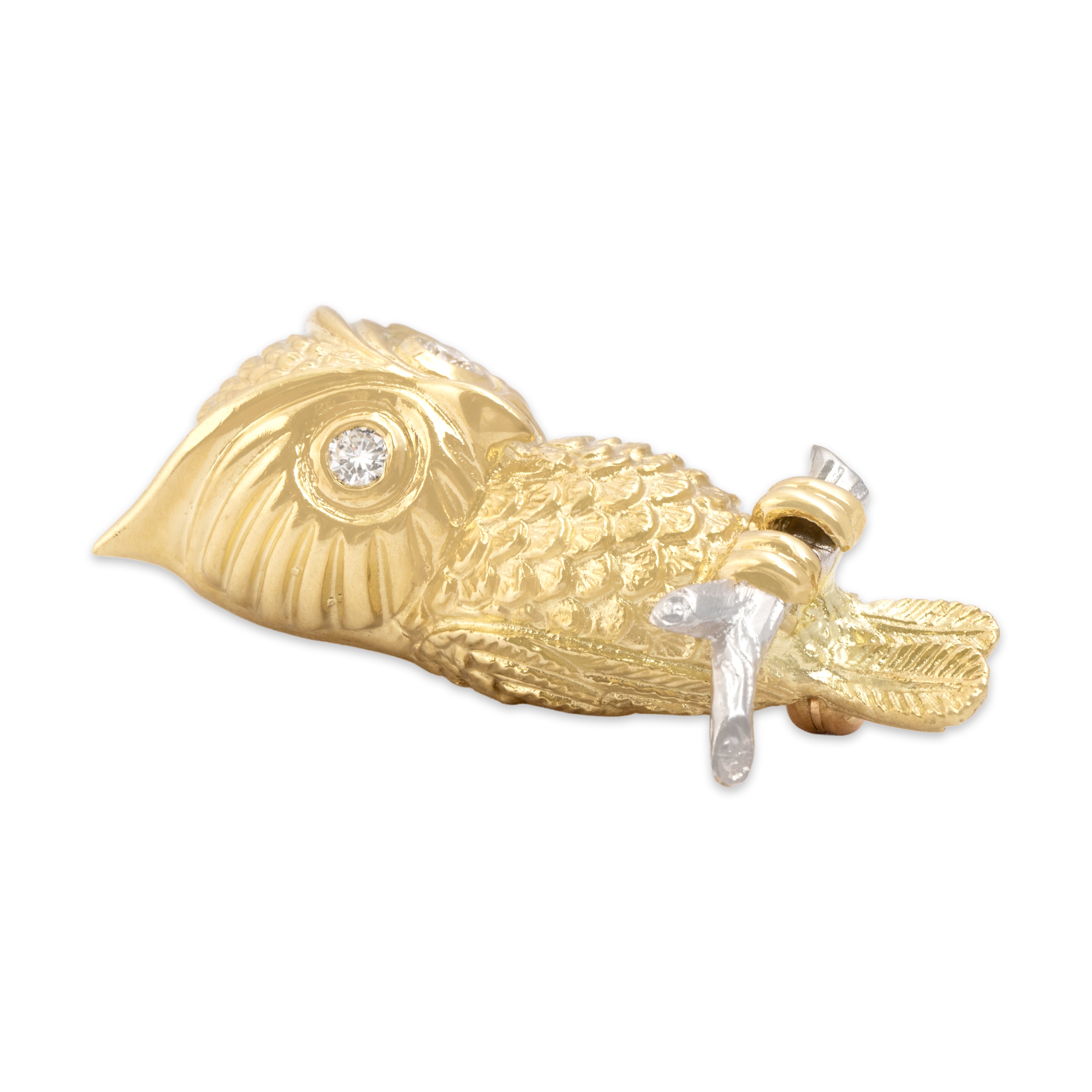 Vintage Hammerman Bros. Heavy 18k Yellow Gold & 14k White Gold Diamond Mysterious Perched Owl Brooch / Pin - Side view