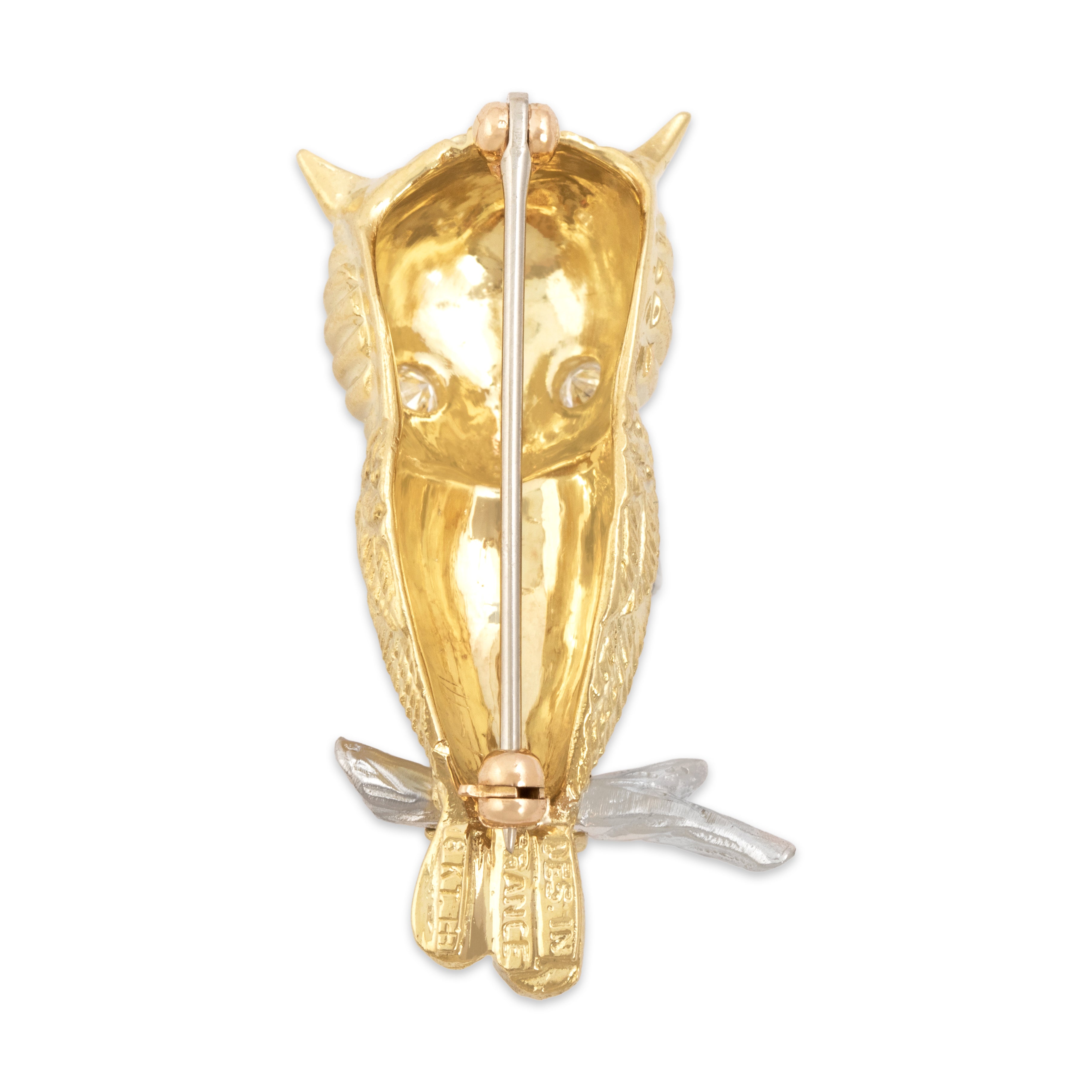 Vintage Hammerman Bros. Heavy 18k Yellow Gold & 14k White Gold Diamond Mysterious Perched Owl Brooch / Pin - Back view